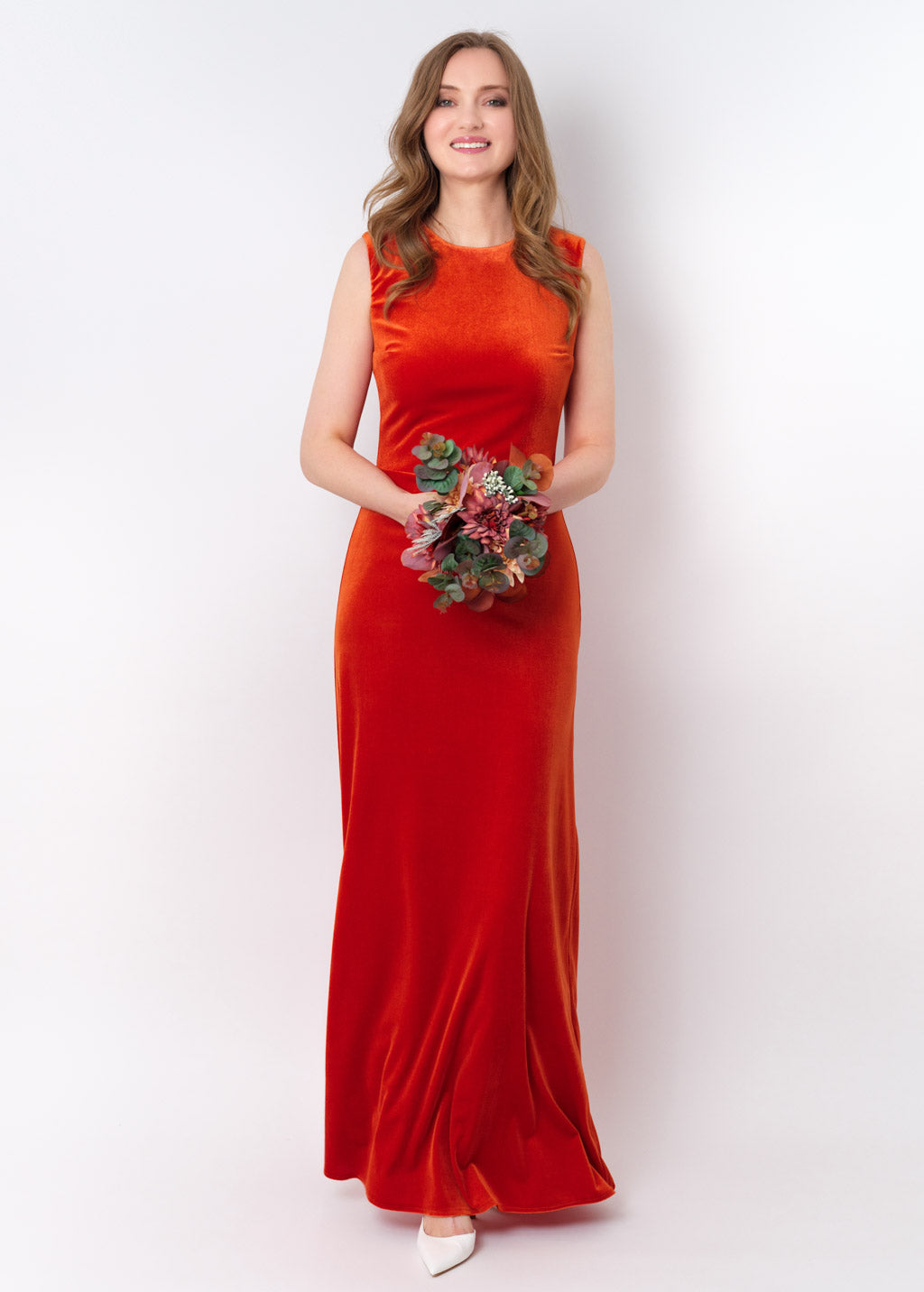 Rust orange velvet long pencil dress