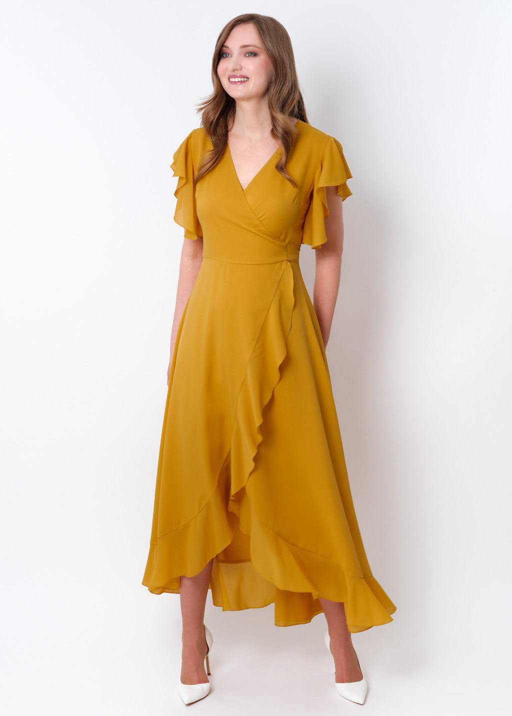 Gold chiffon wrap dress
