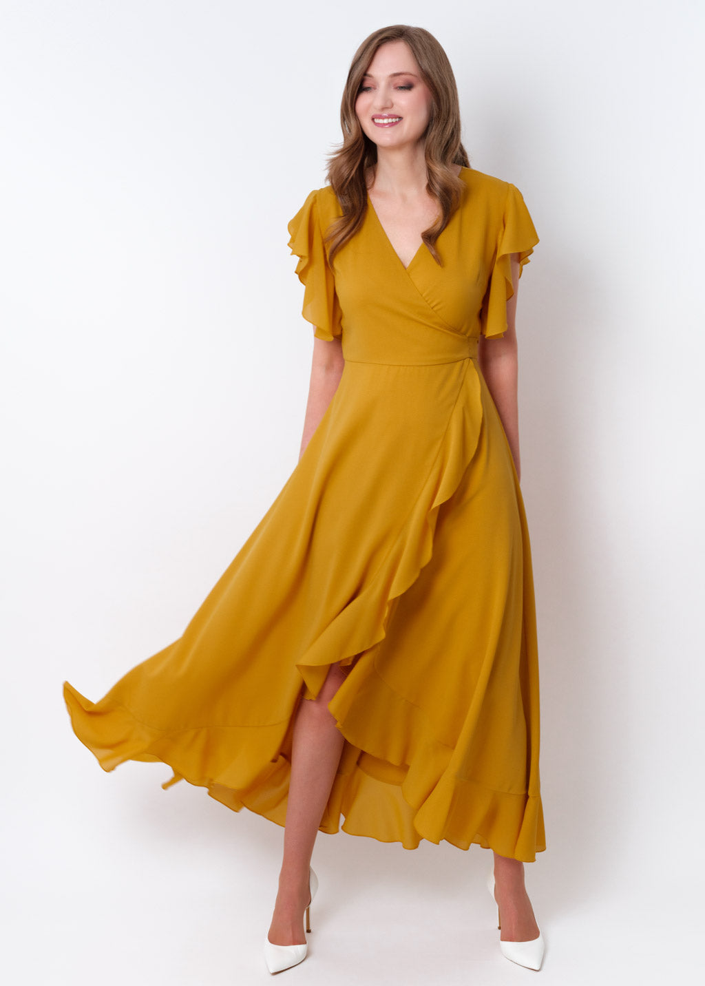 Gold chiffon wrap dress