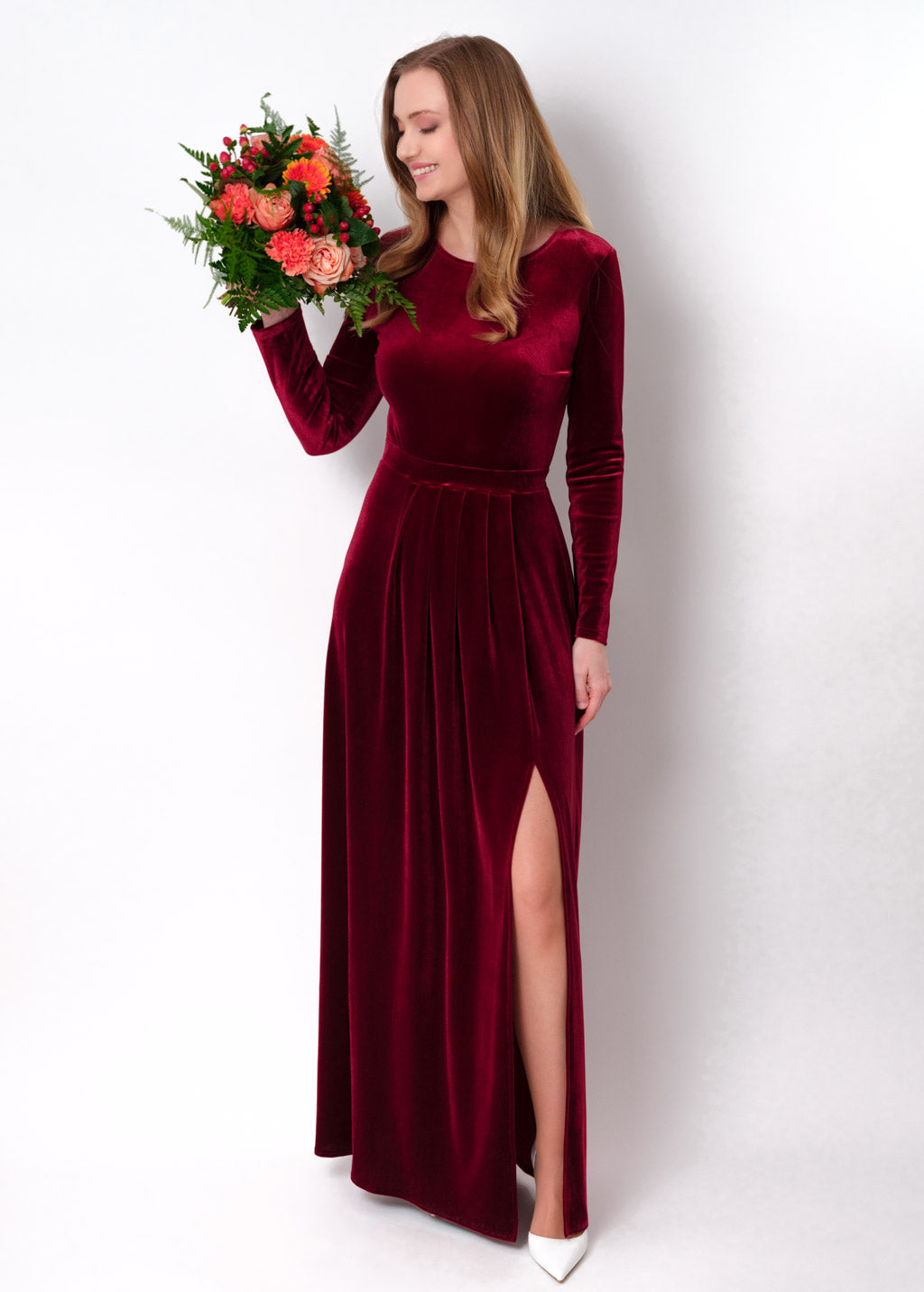 Burgundy velvet slit dress