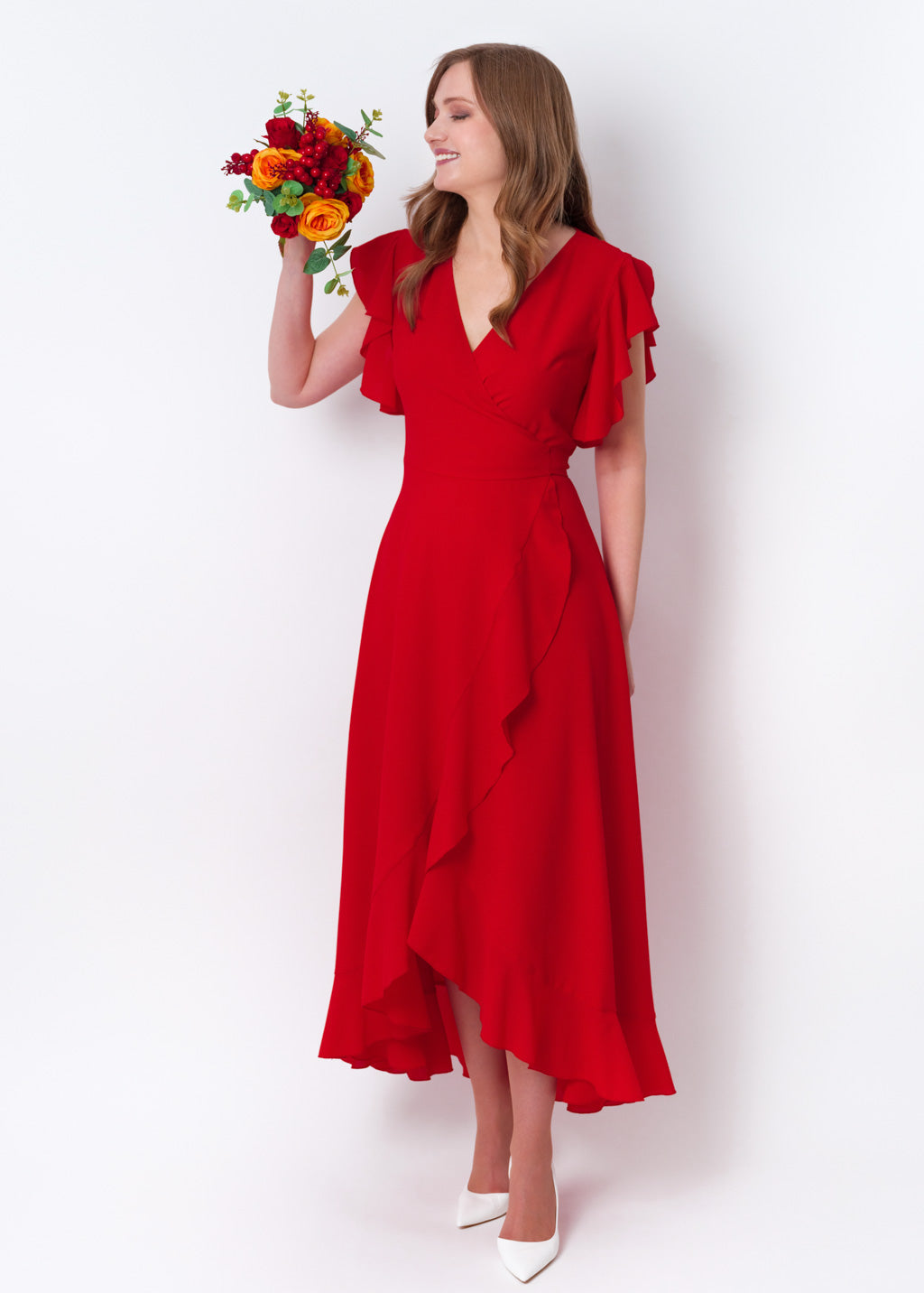Red chiffon wrap dress