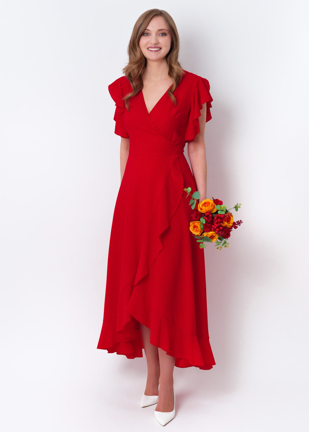 Red chiffon wrap dress