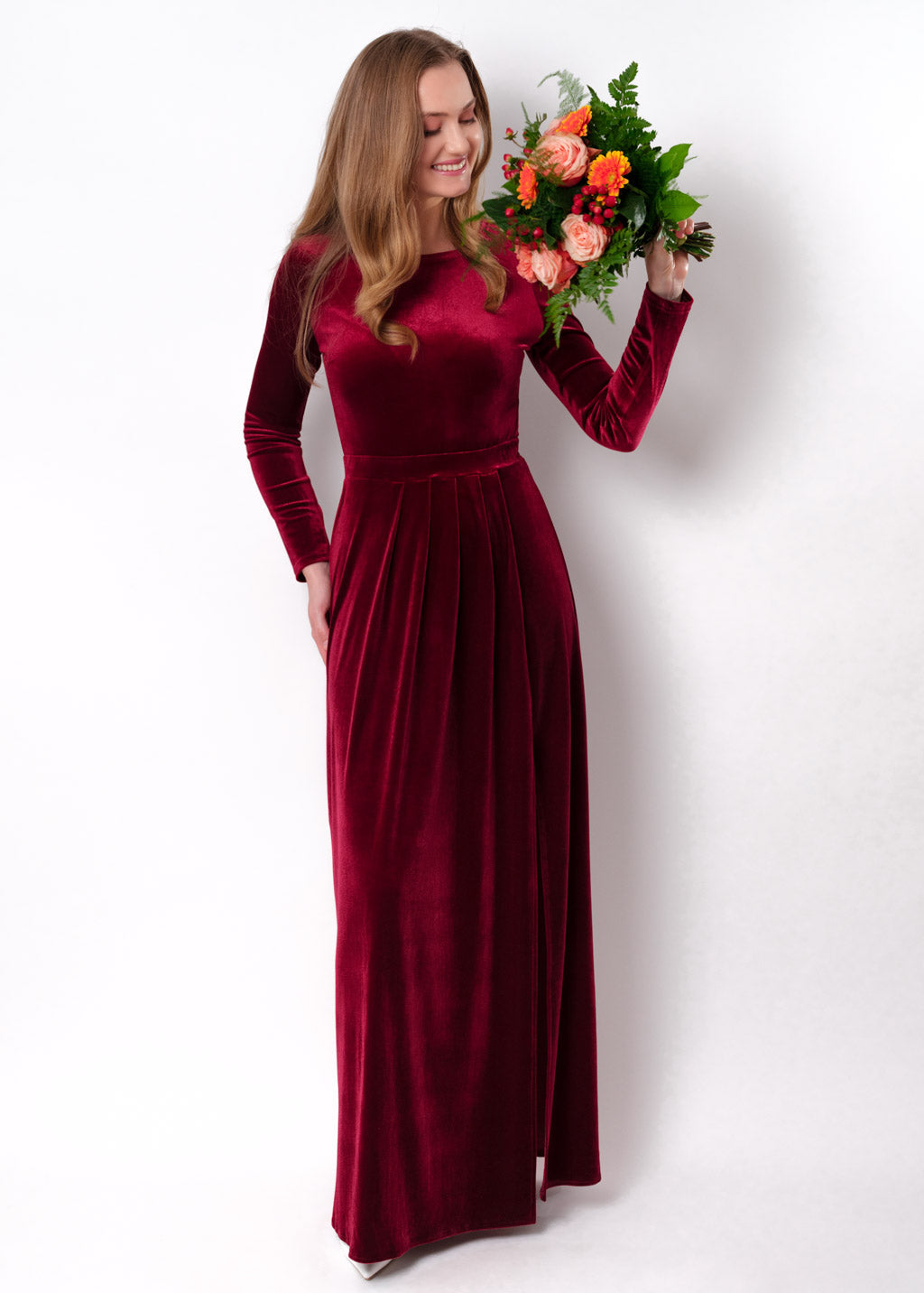 Burgundy velvet slit dress