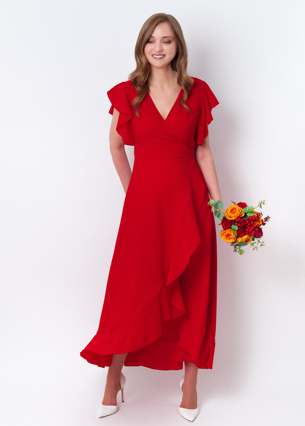 Red chiffon wrap dress