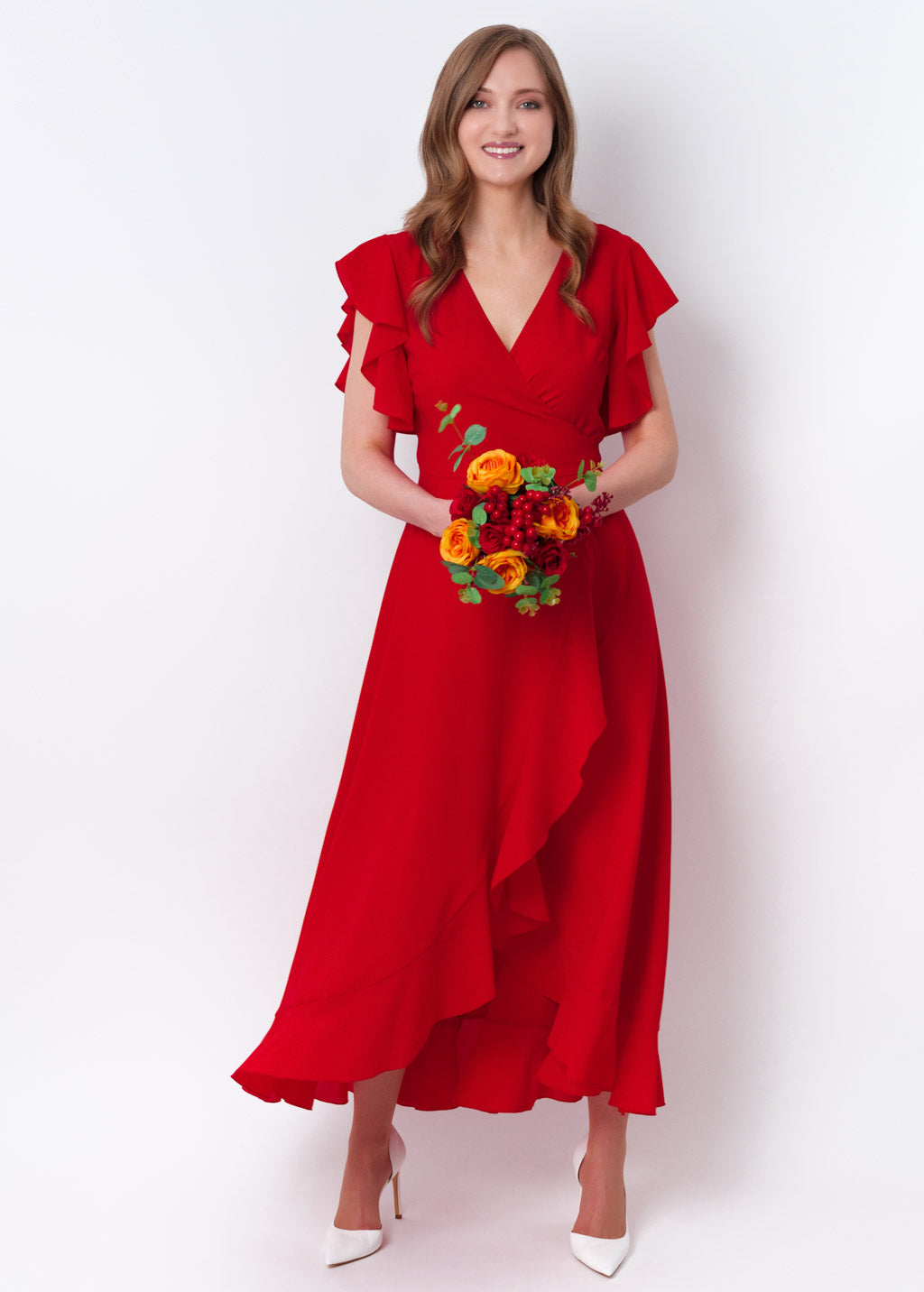Red chiffon wrap dress