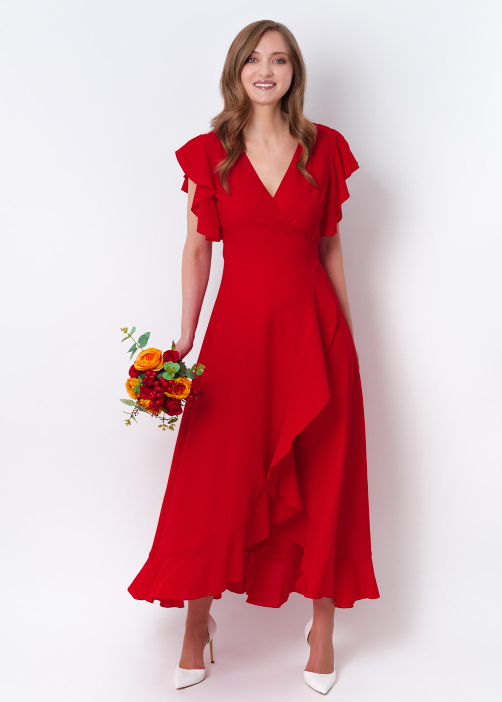 Red chiffon wrap dress