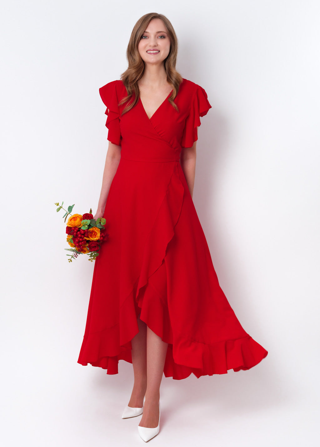 Red chiffon wrap dress