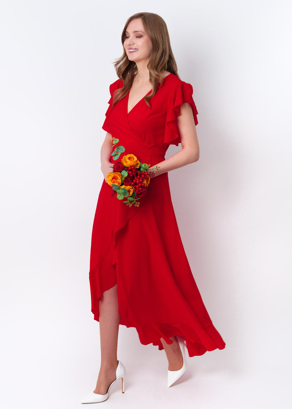 Red chiffon wrap dress
