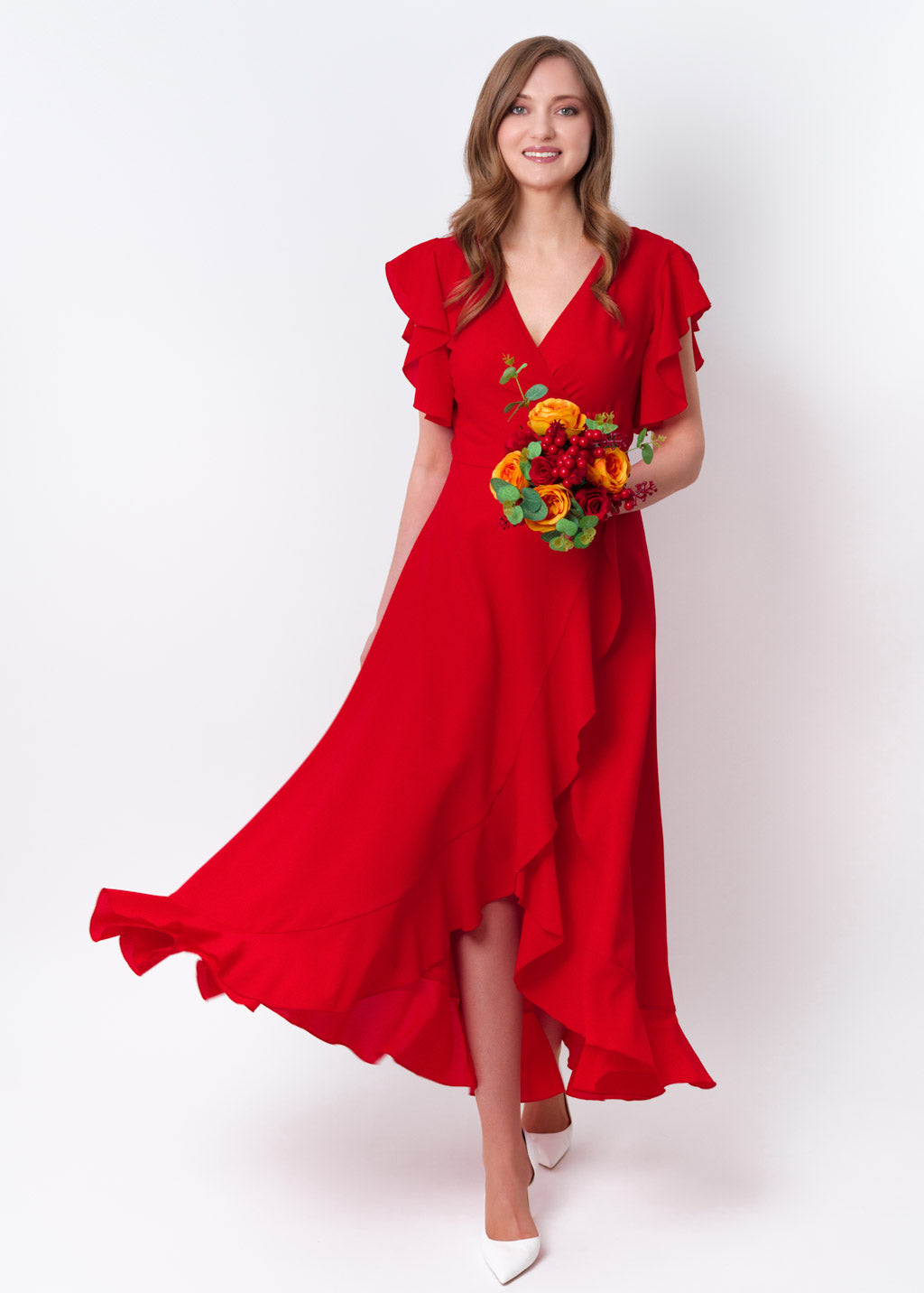 Red chiffon wrap dress