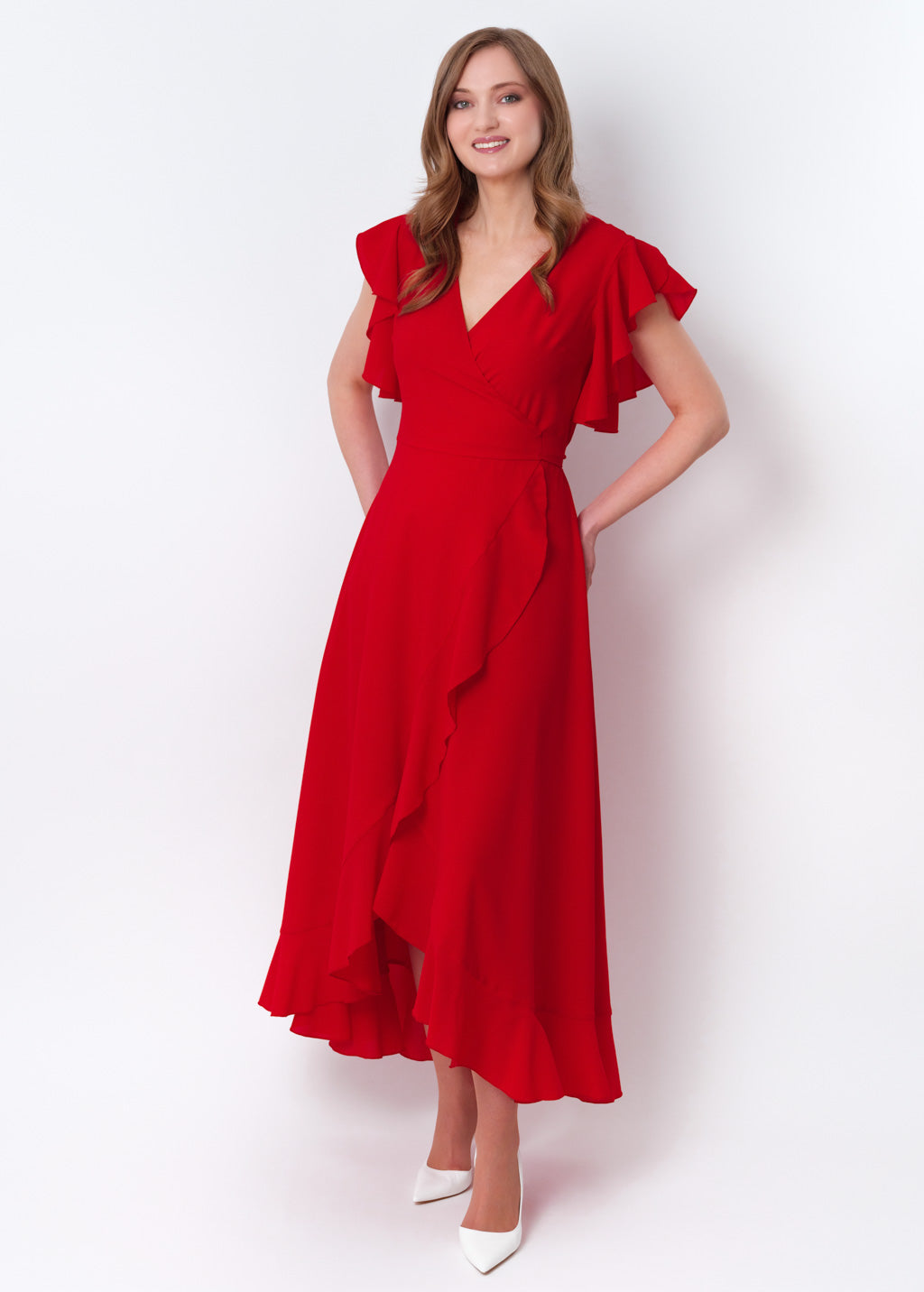 Red chiffon wrap dress