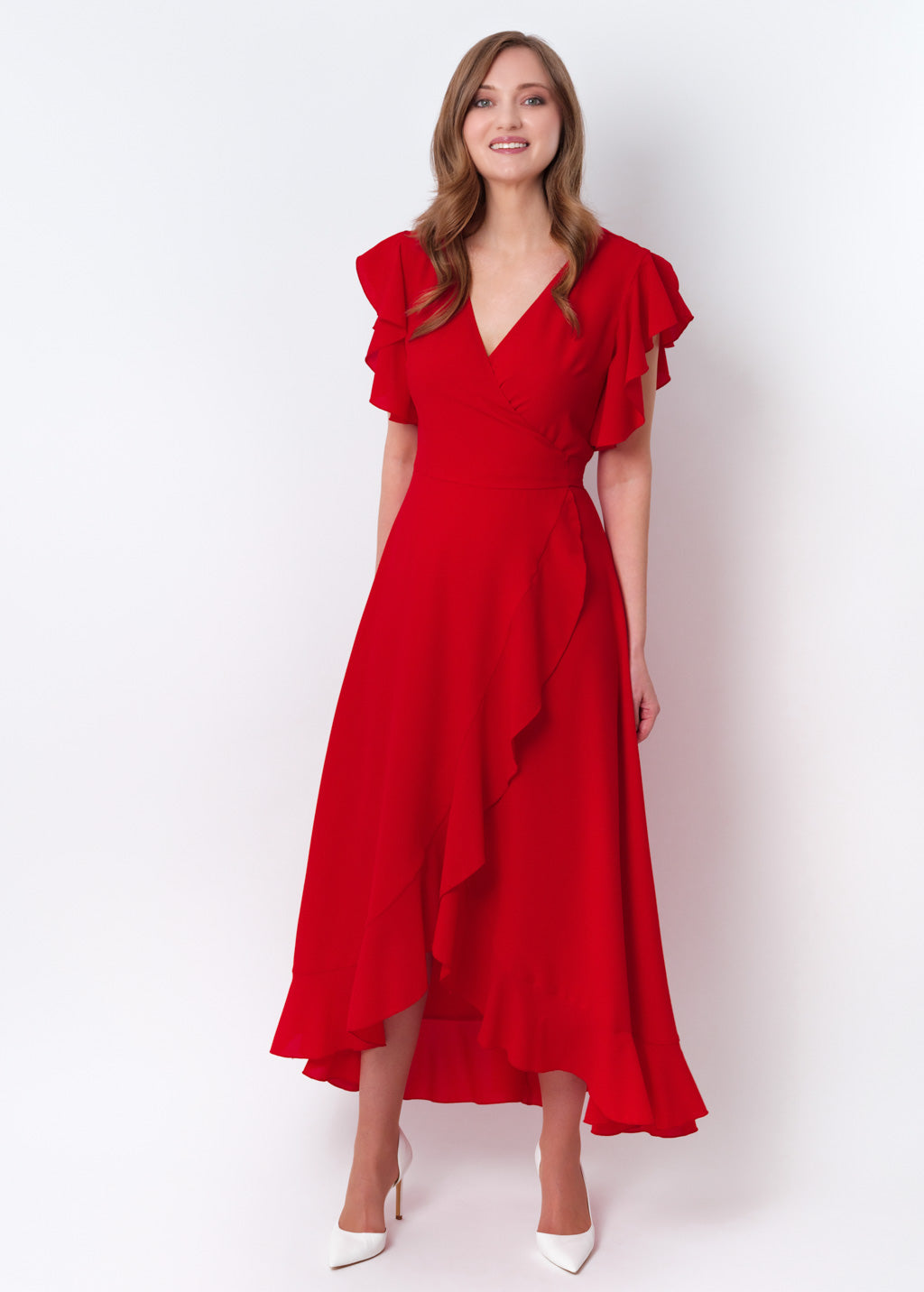 Red chiffon wrap dress
