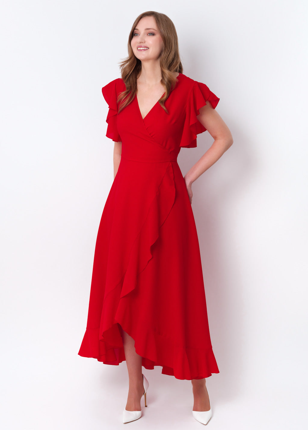 Red chiffon wrap dress