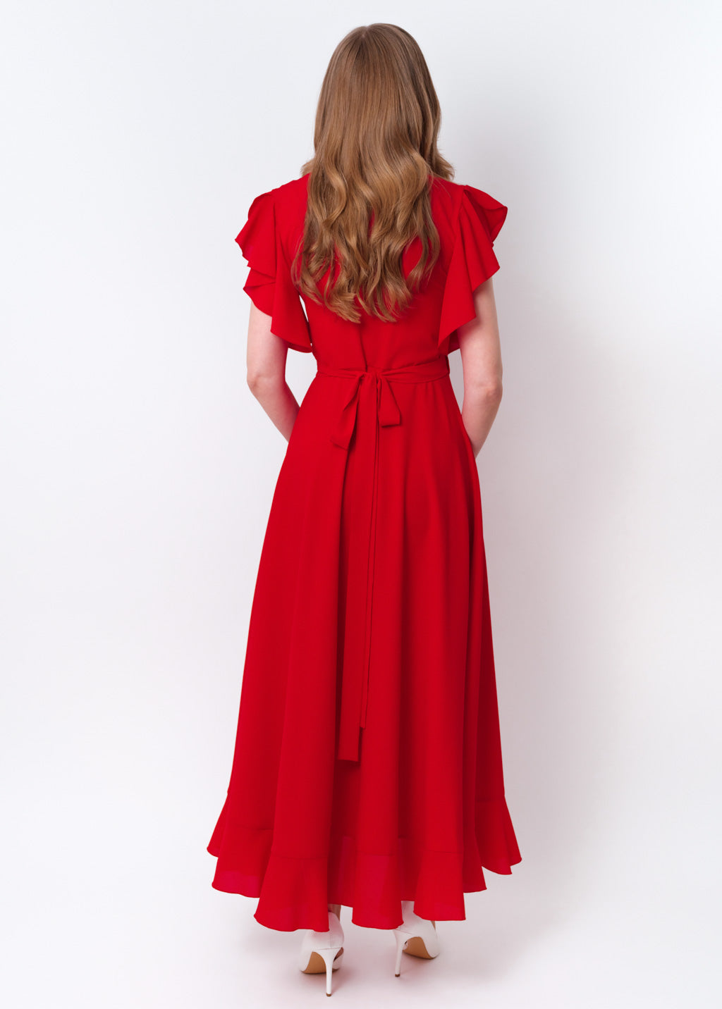 Red chiffon wrap dress