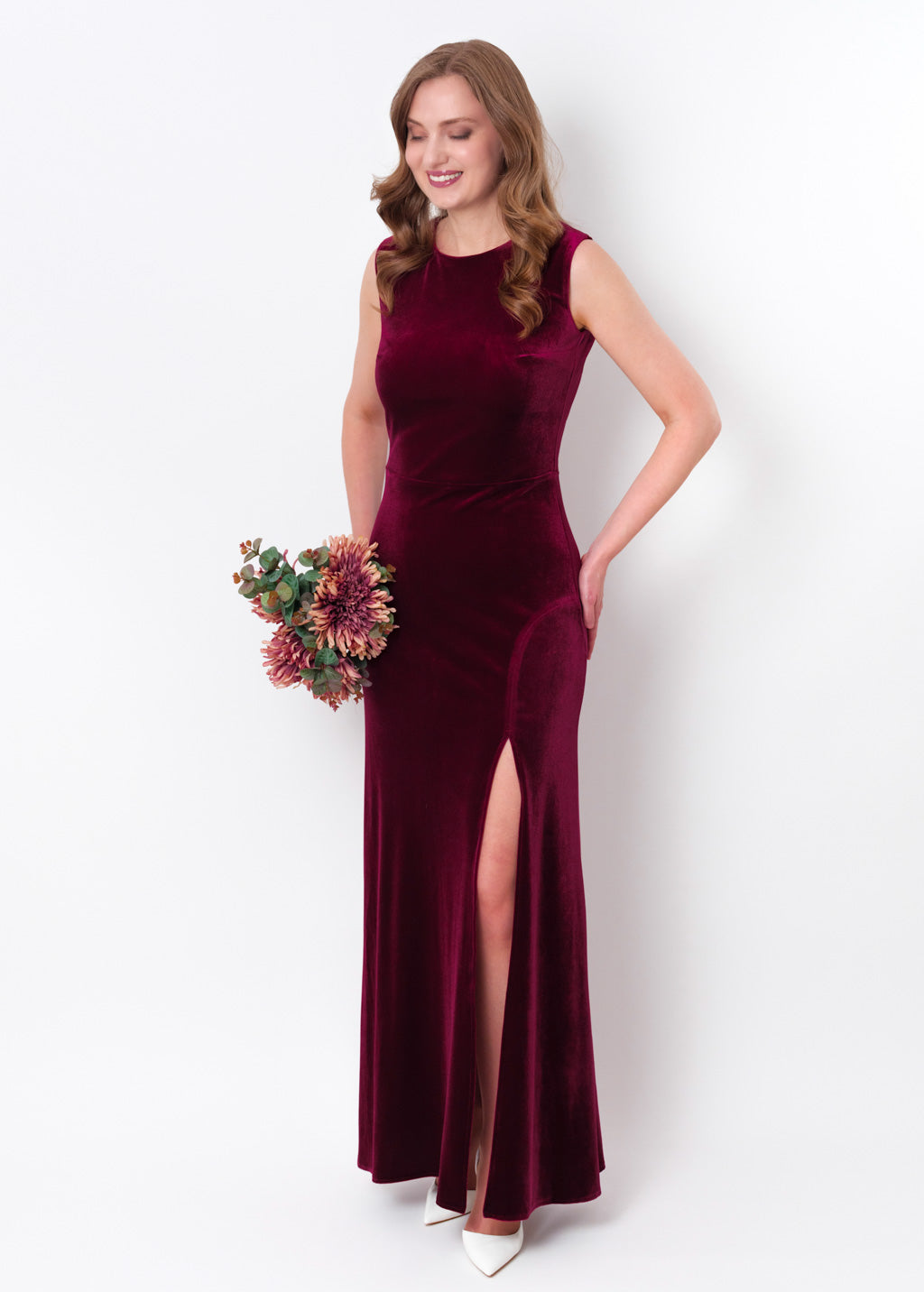 Plum burgundy velvet slit long pencil dress