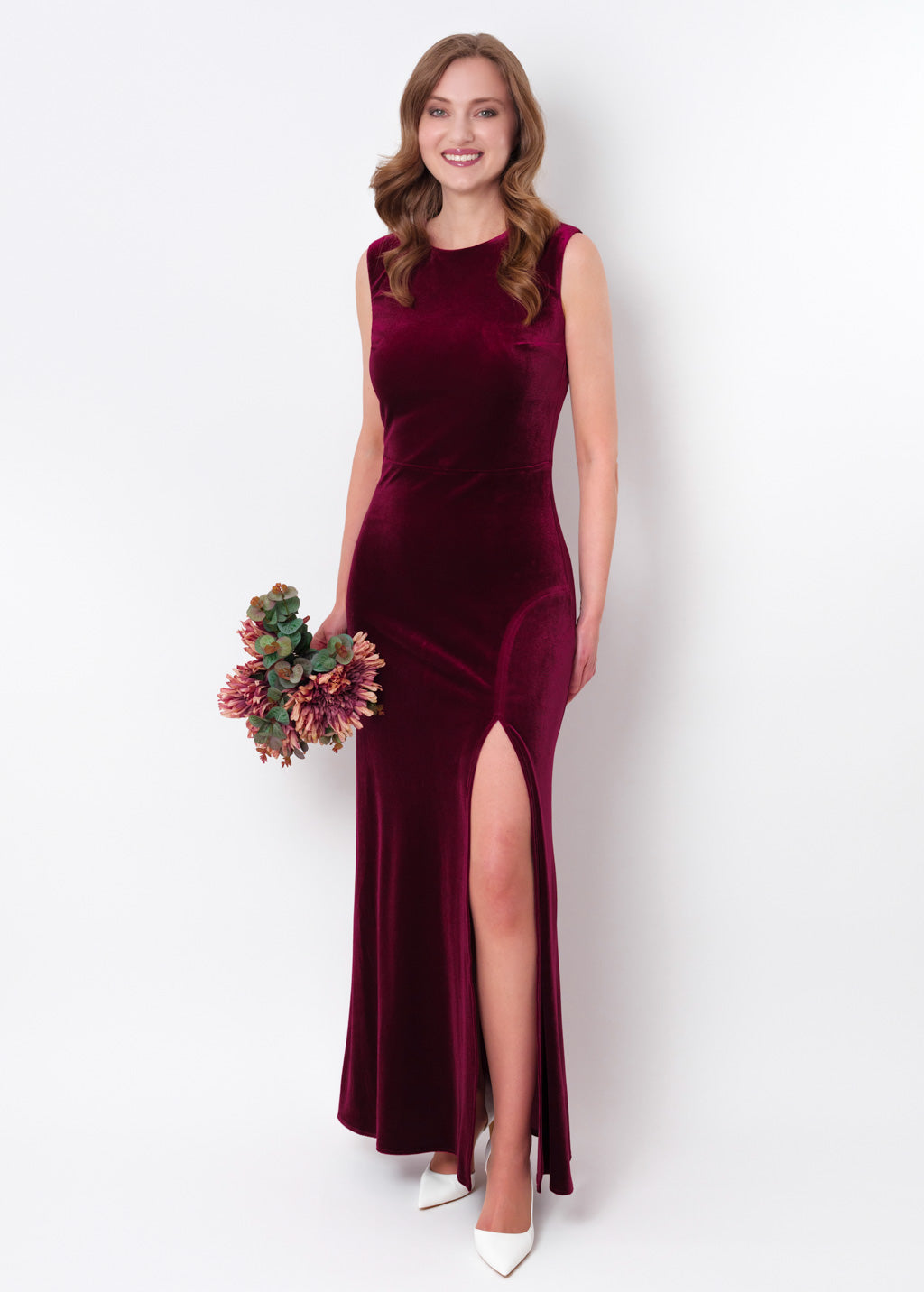 Plum burgundy velvet slit long pencil dress
