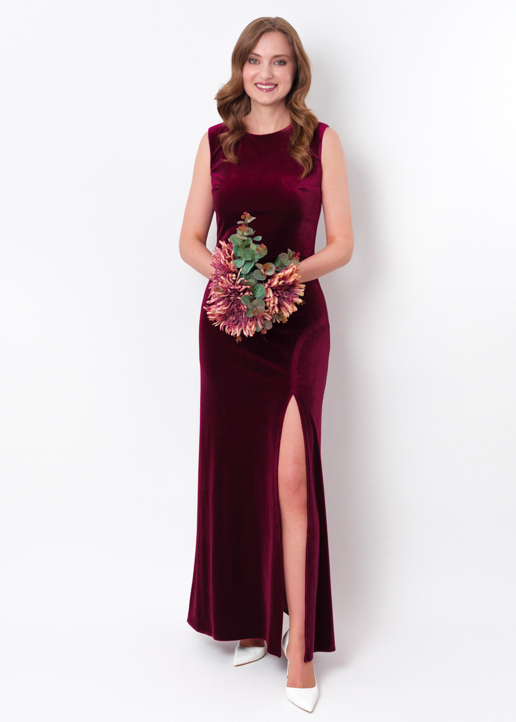 Plum burgundy velvet slit long pencil dress