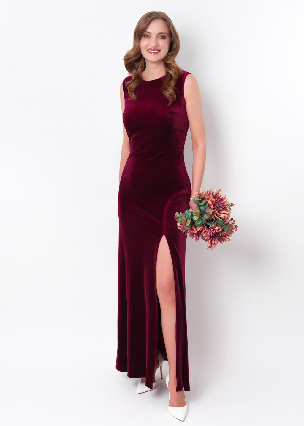 Plum burgundy velvet slit long pencil dress