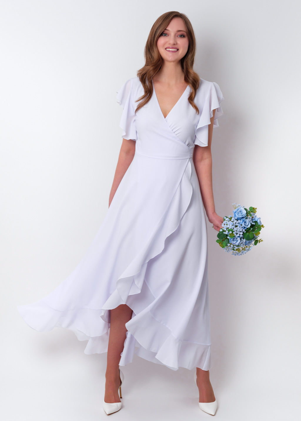 White chiffon wrap dress
