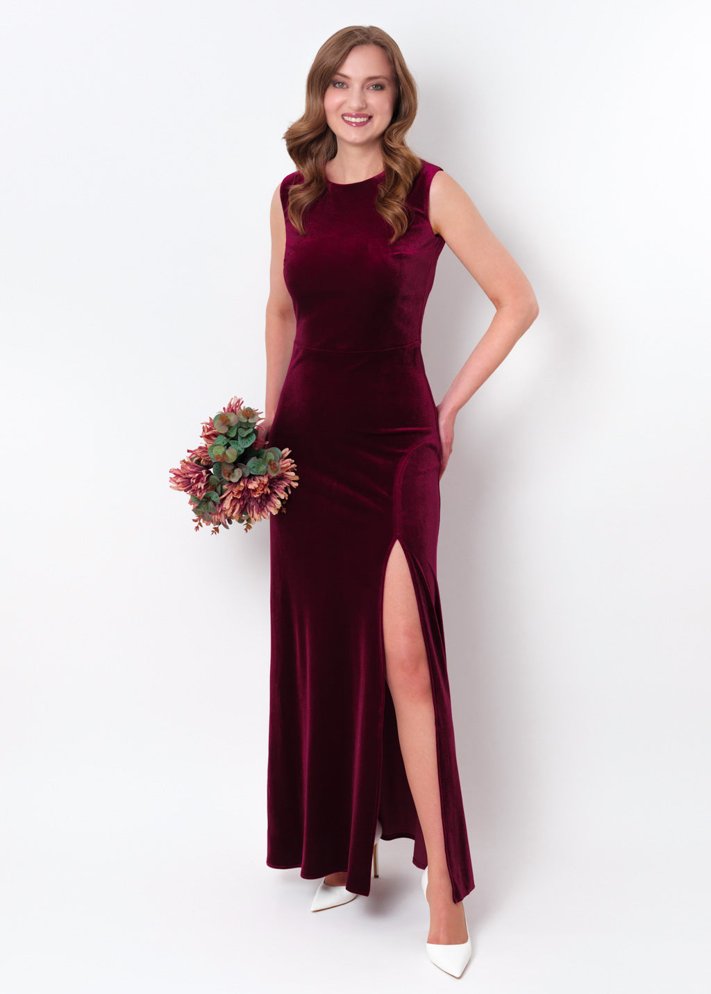 Plum burgundy velvet slit long pencil dress