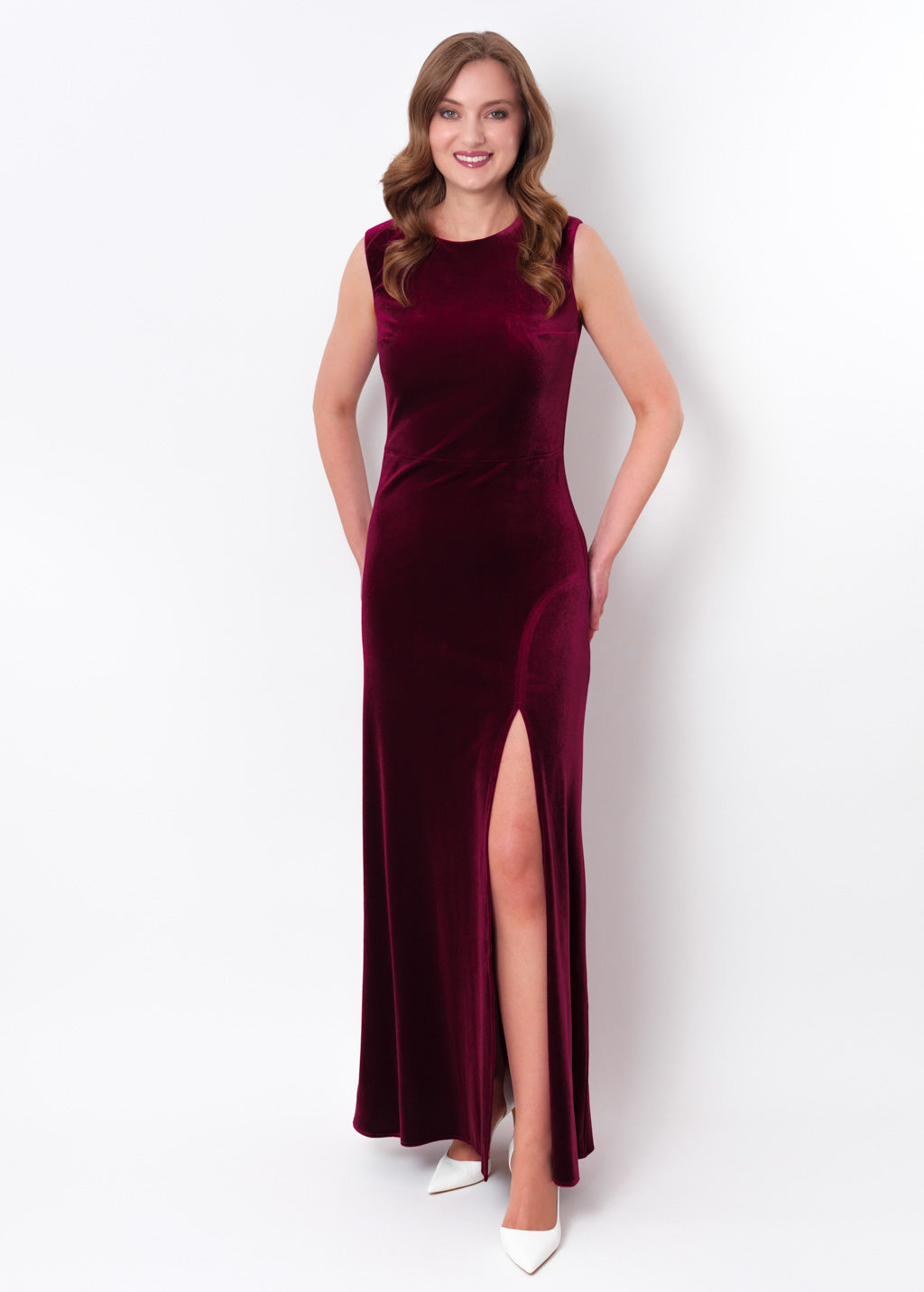 Plum burgundy velvet slit long pencil dress