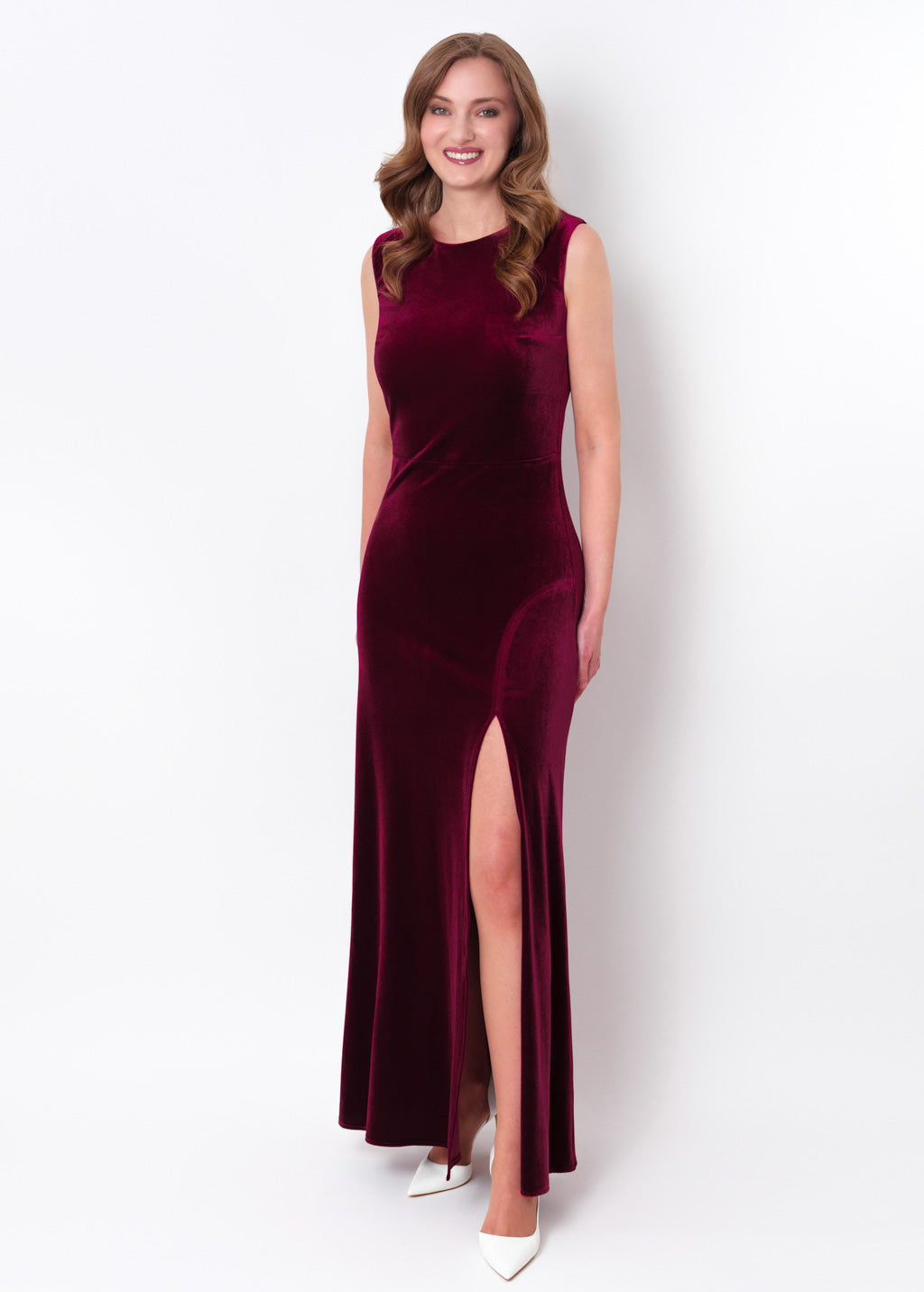 Plum burgundy velvet slit long pencil dress