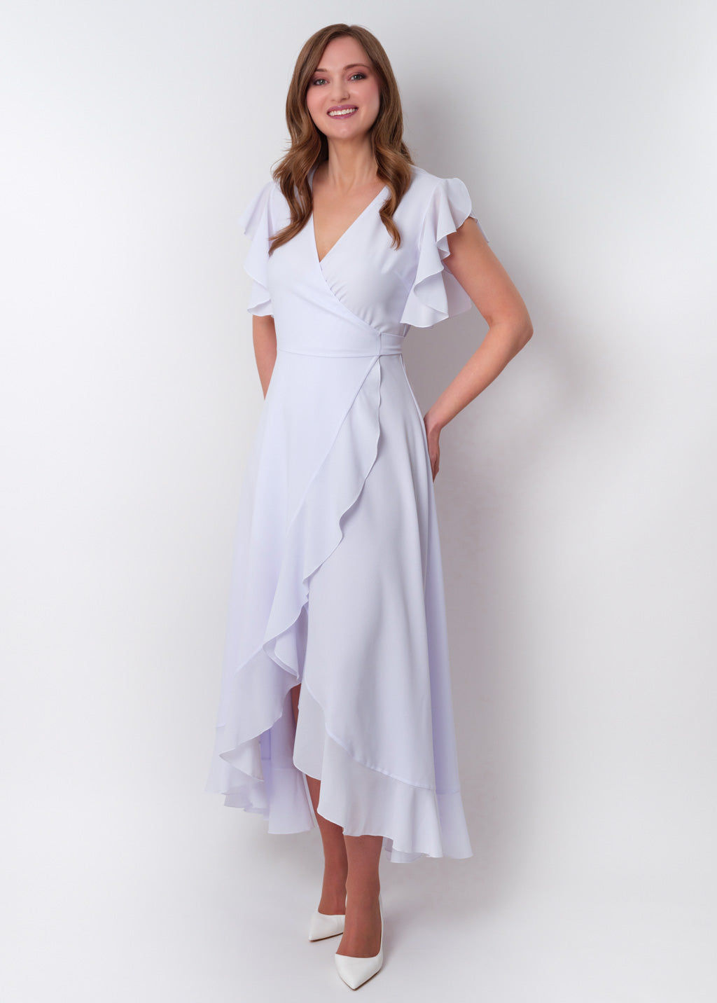 White chiffon wrap dress