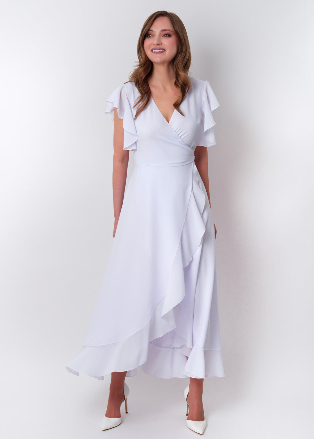 White chiffon wrap dress