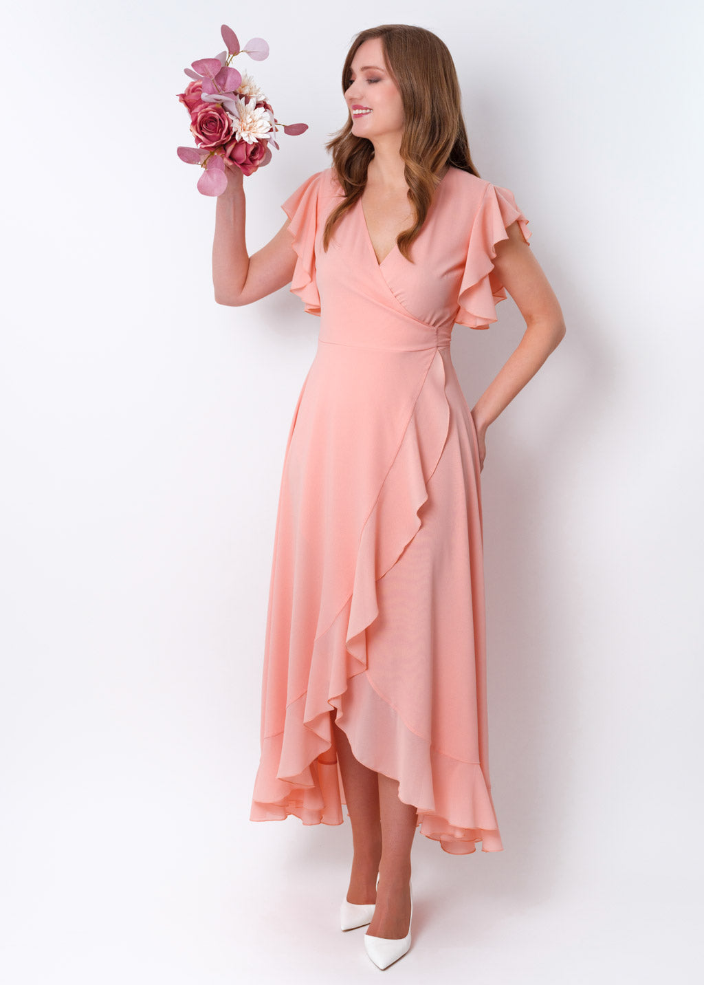 Blush pink chiffon wrap dress