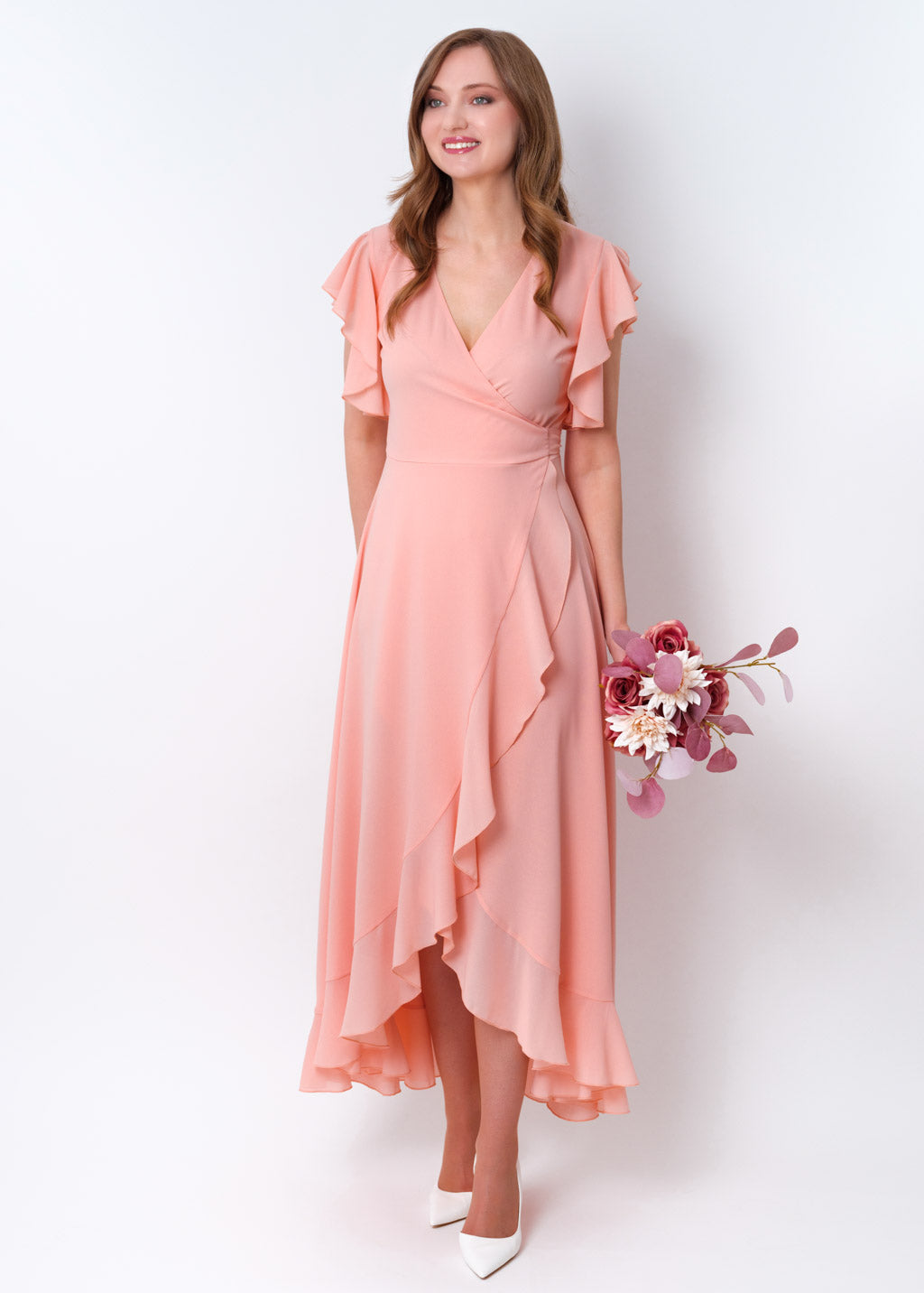 Blush pink chiffon wrap dress