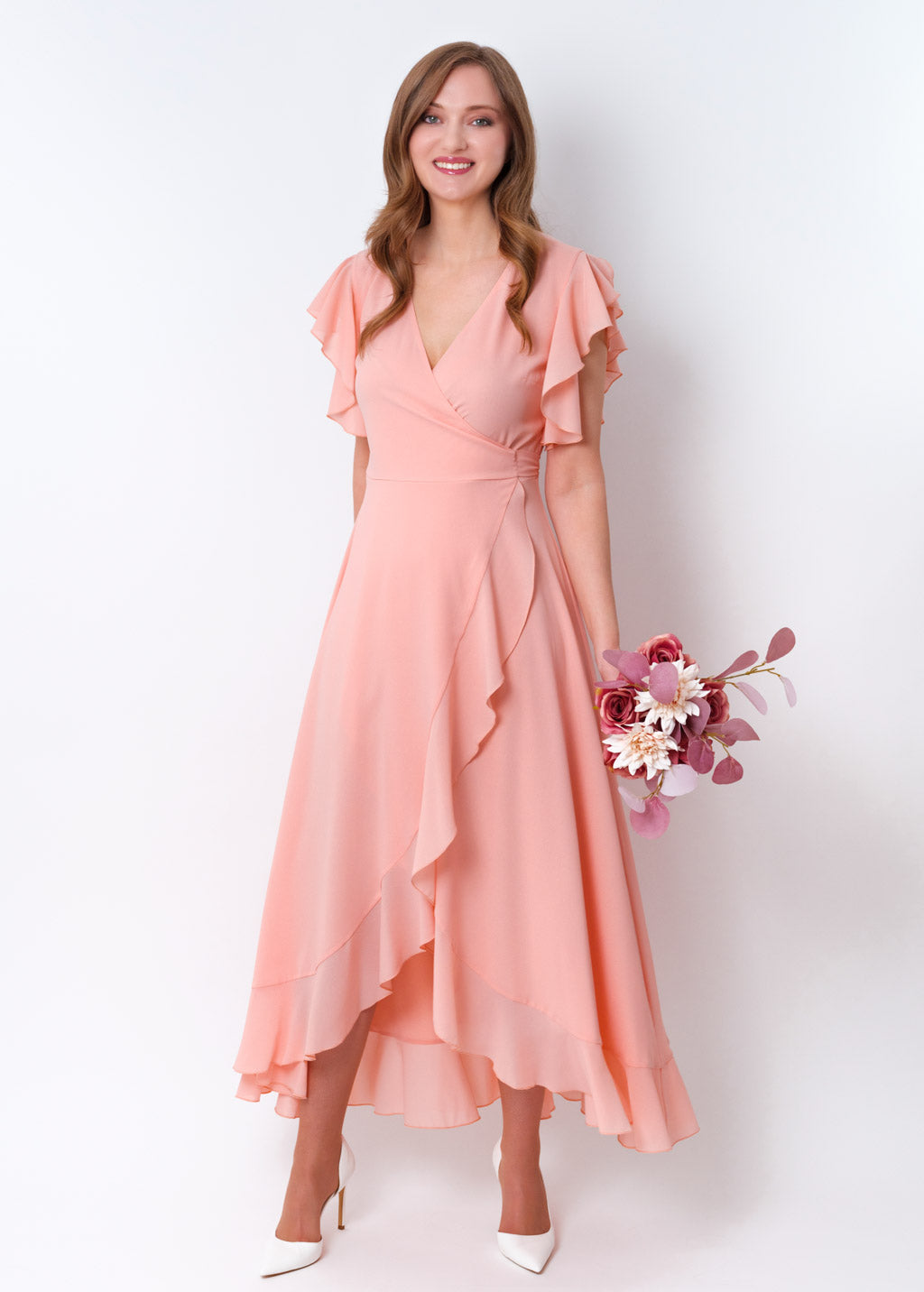 Blush pink chiffon wrap dress