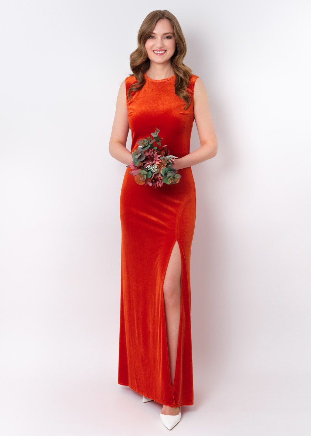 Rust orange velvet slit long pencil dress