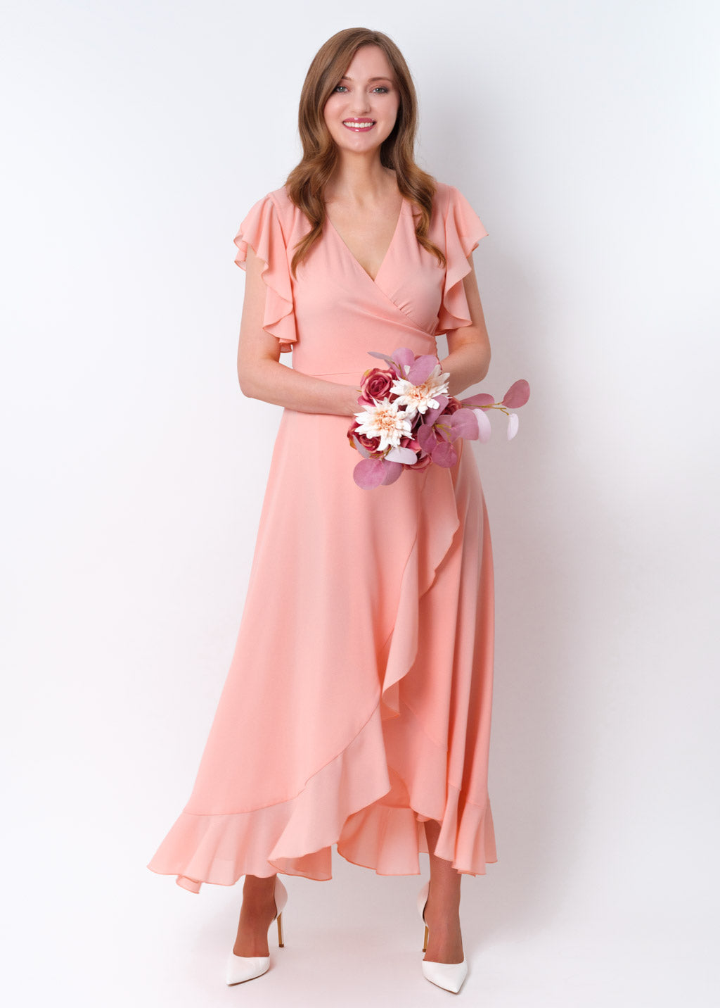 Blush pink chiffon wrap dress