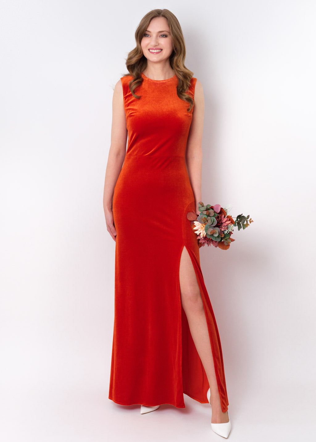 Rust orange velvet slit long pencil dress