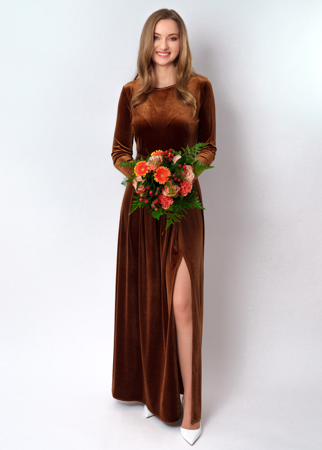 Rust gold velvet slit dress