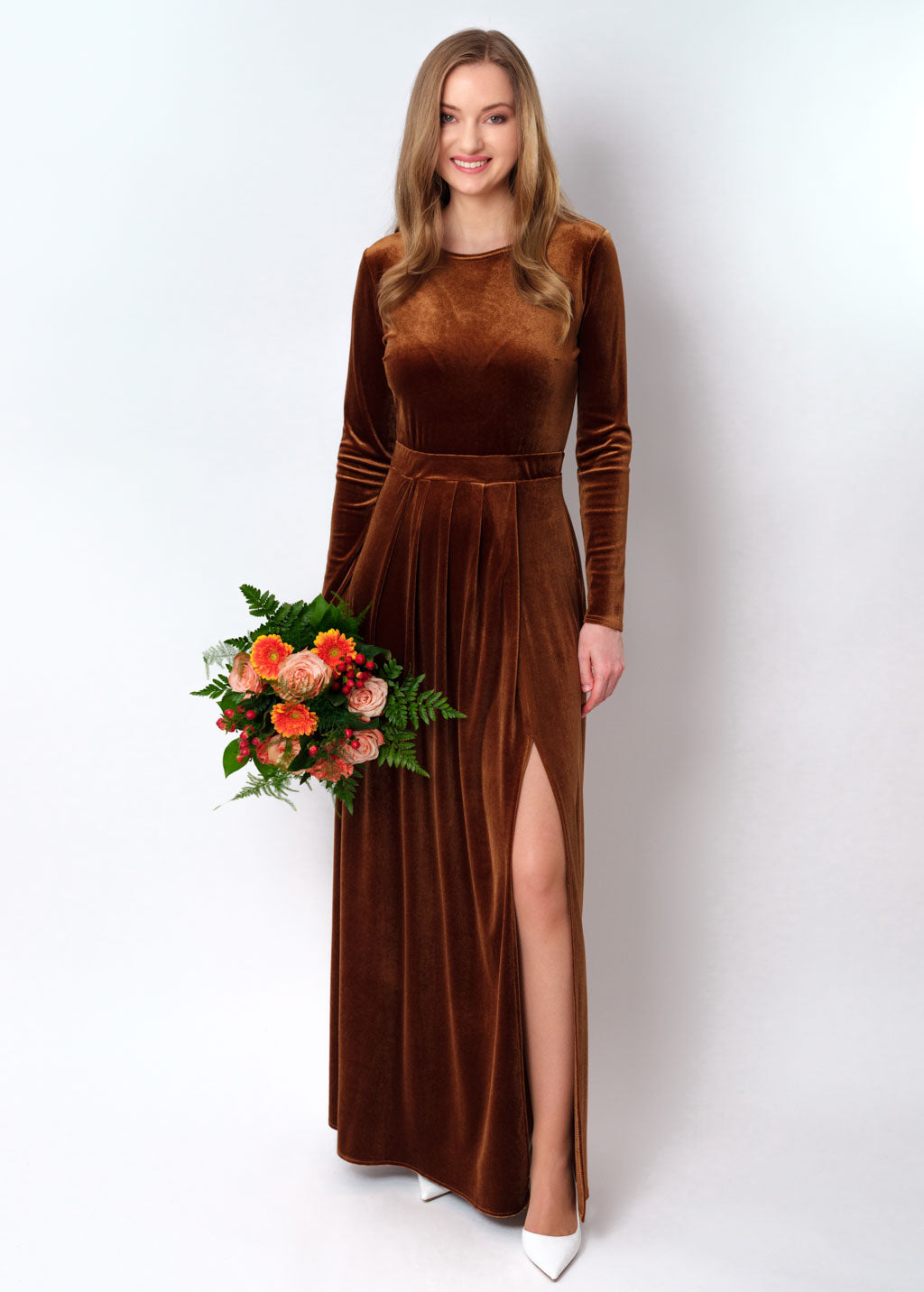 Rust gold velvet slit dress