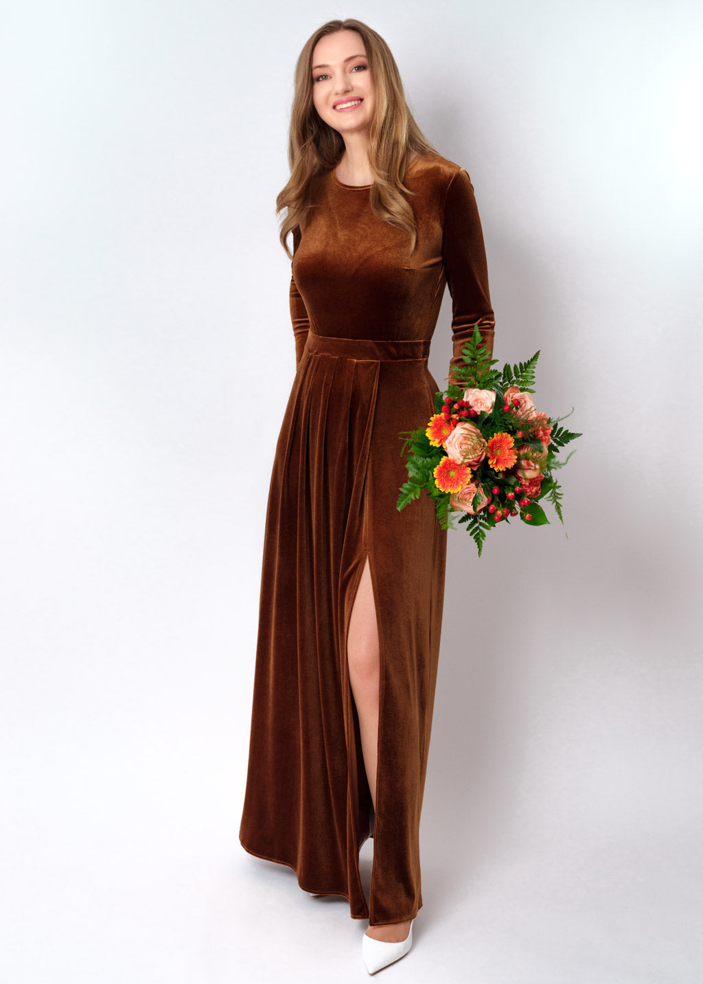 Rust gold velvet slit dress