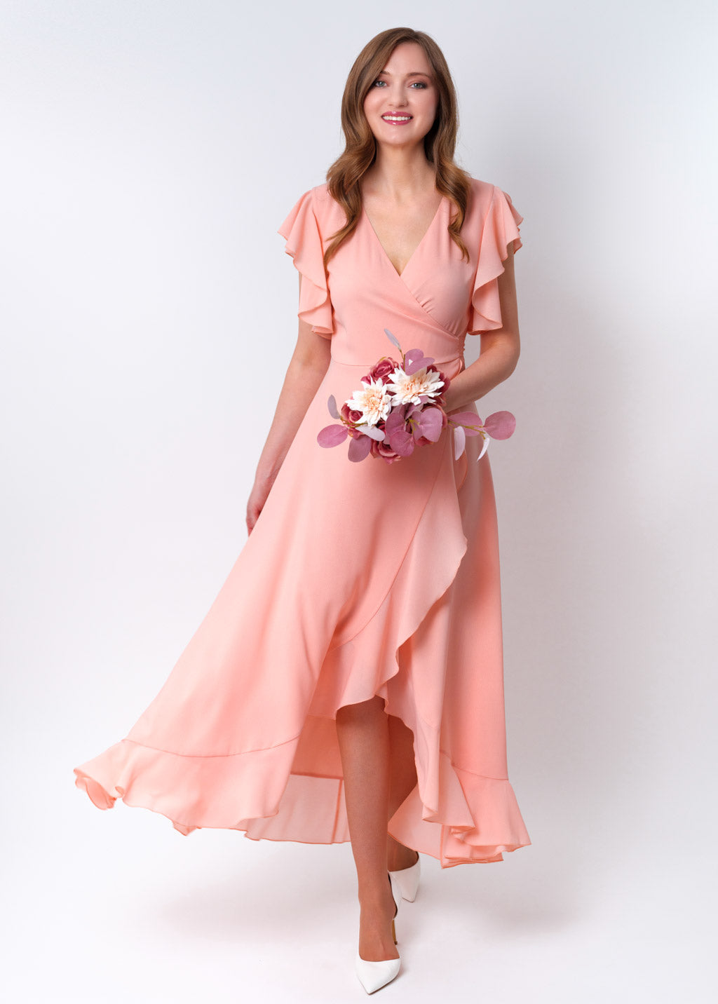 Blush pink chiffon wrap dress