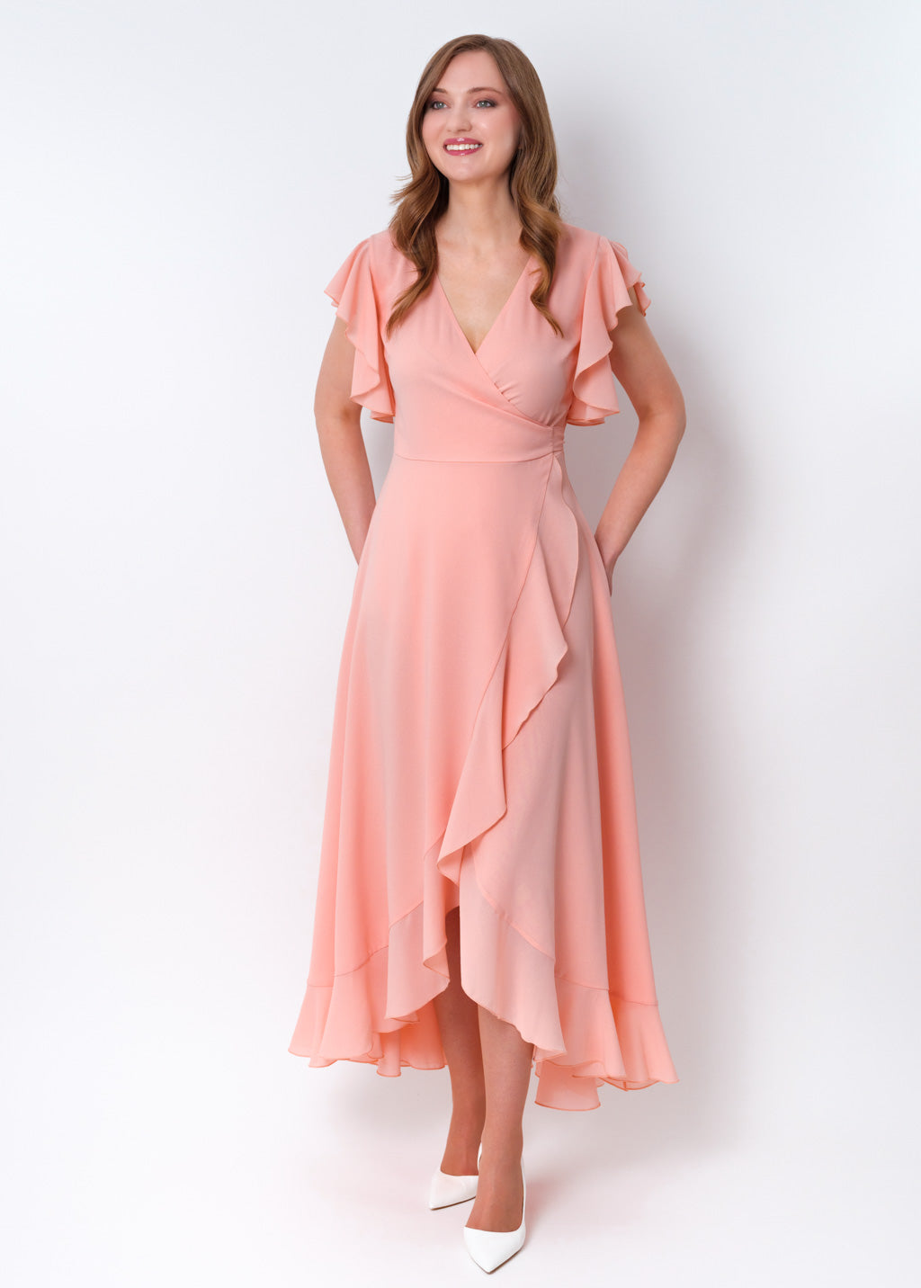Blush pink chiffon wrap dress