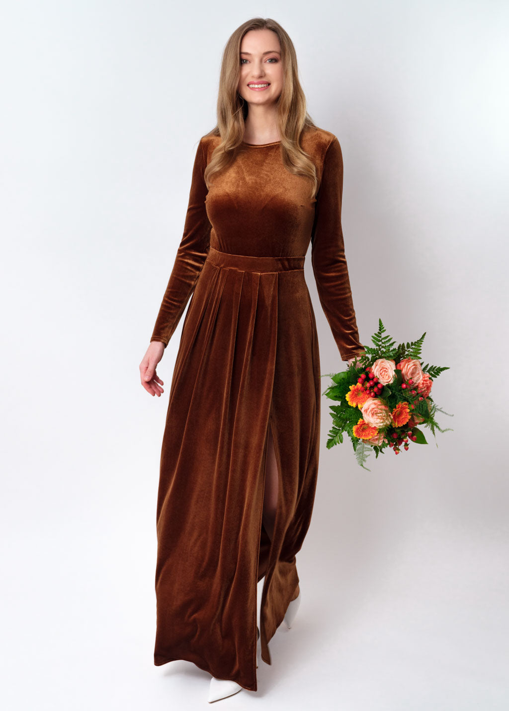 Rust gold velvet slit dress