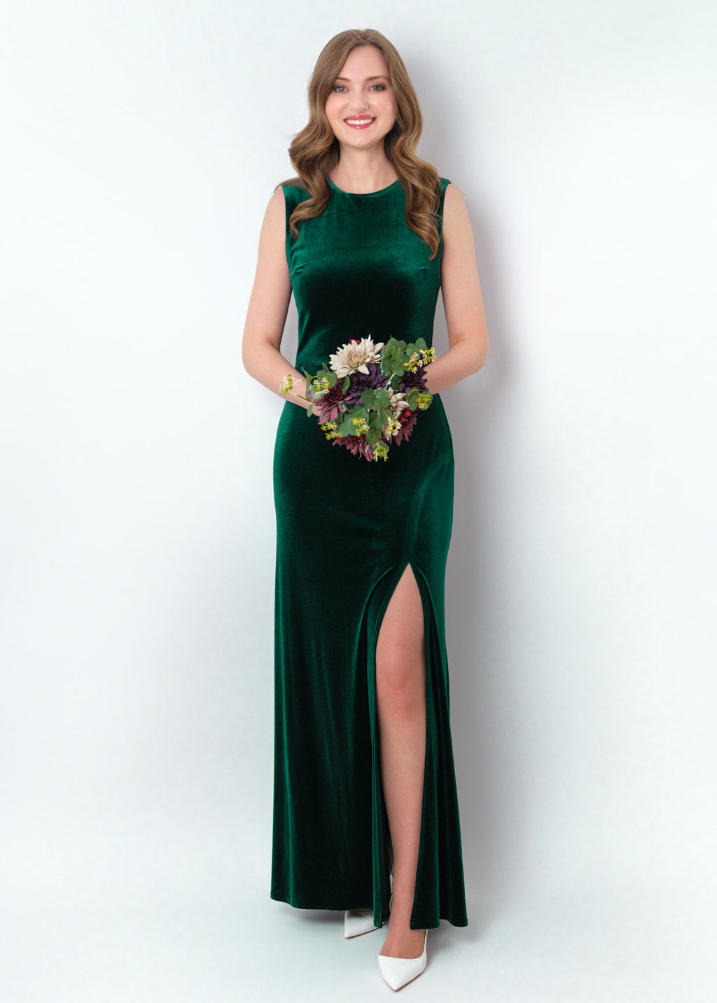 Emerald green velvet slit long pencil dress