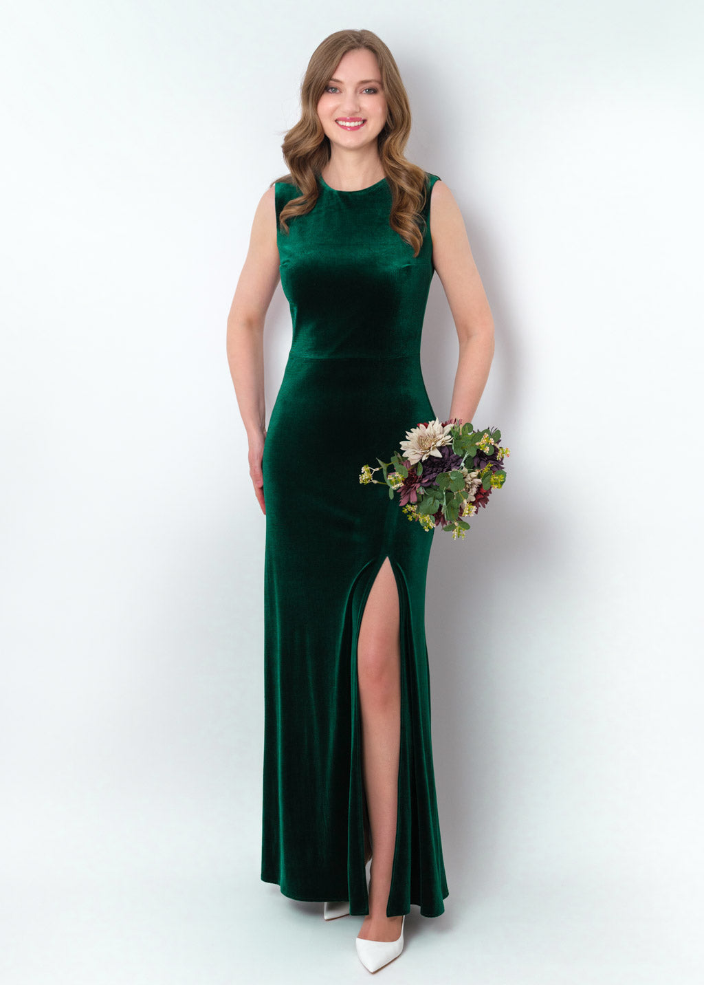 Emerald green velvet slit long pencil dress