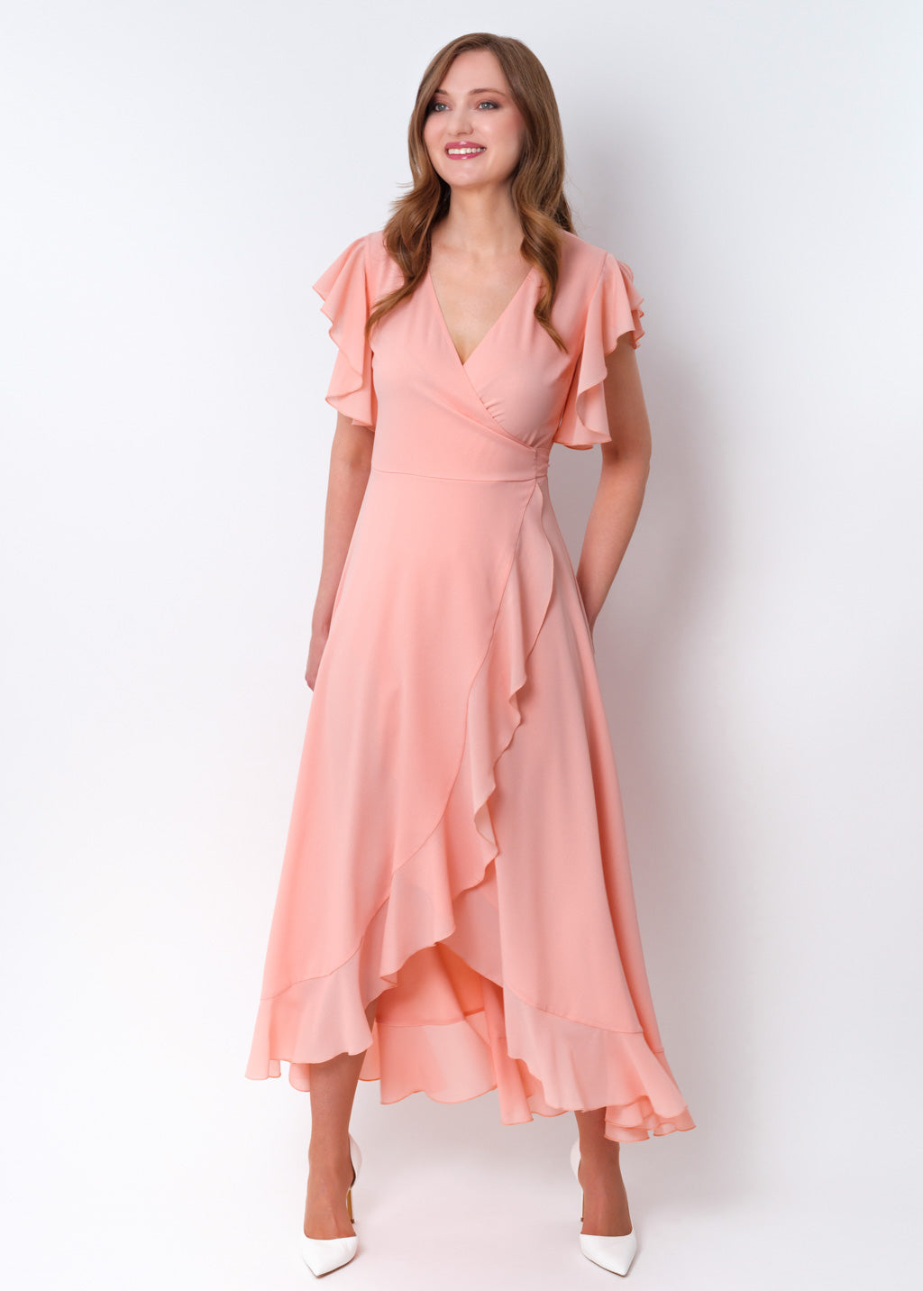 Blush pink chiffon wrap dress