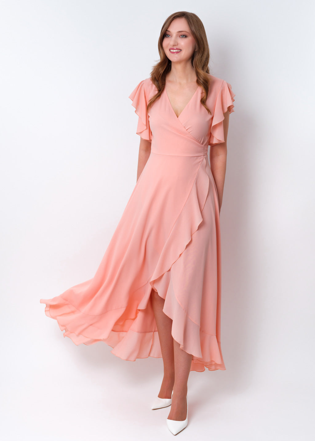 Blush pink chiffon wrap dress