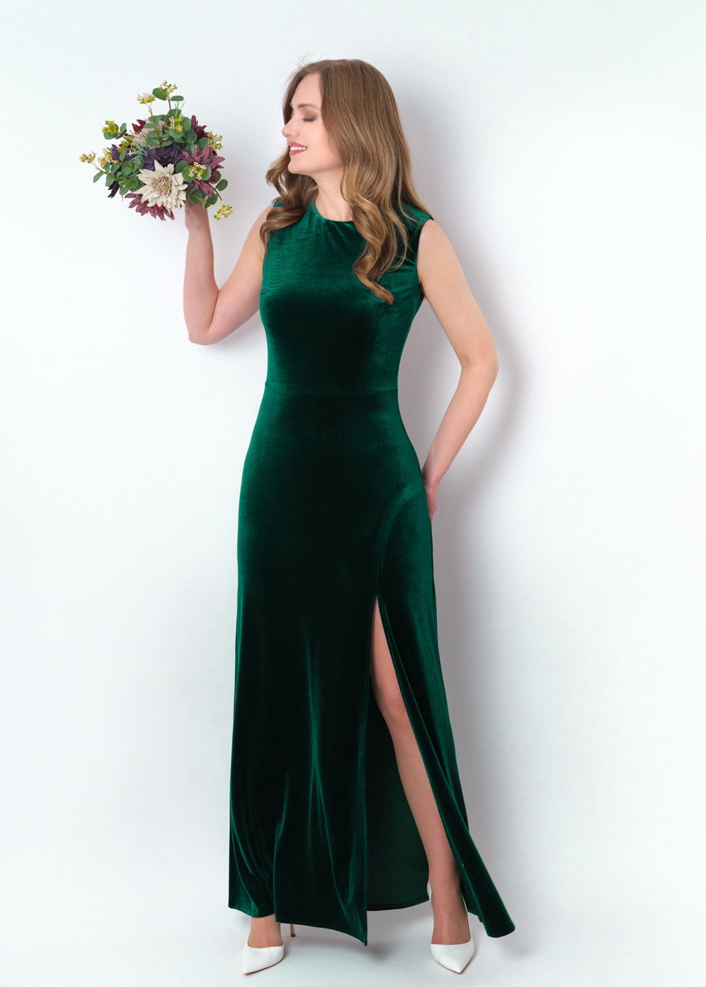 Emerald green velvet slit long pencil dress