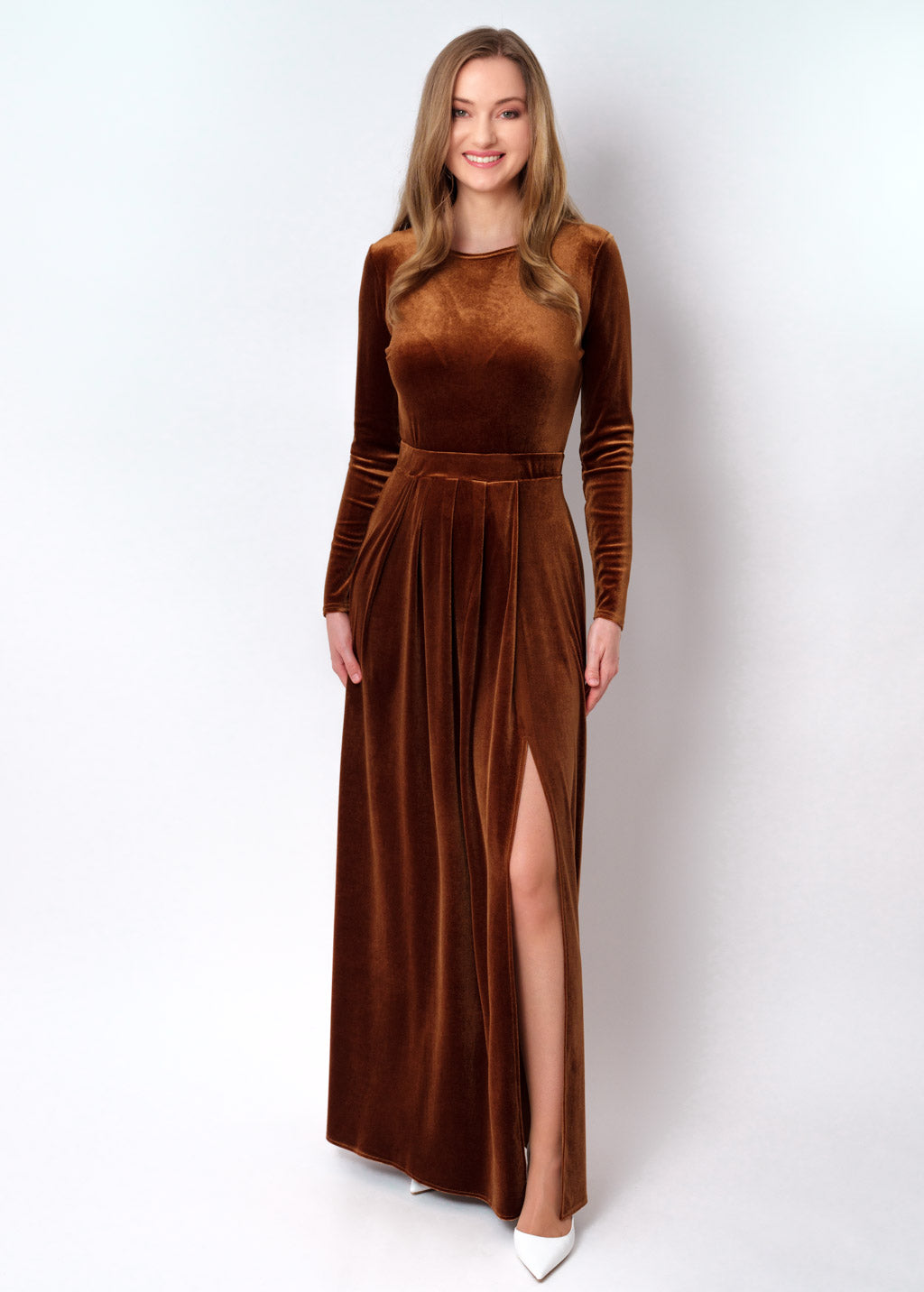 Rust gold velvet slit dress