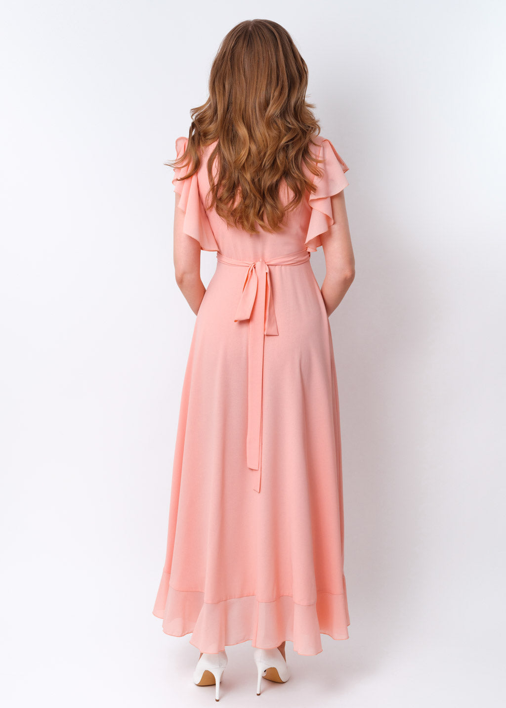 Blush pink chiffon wrap dress