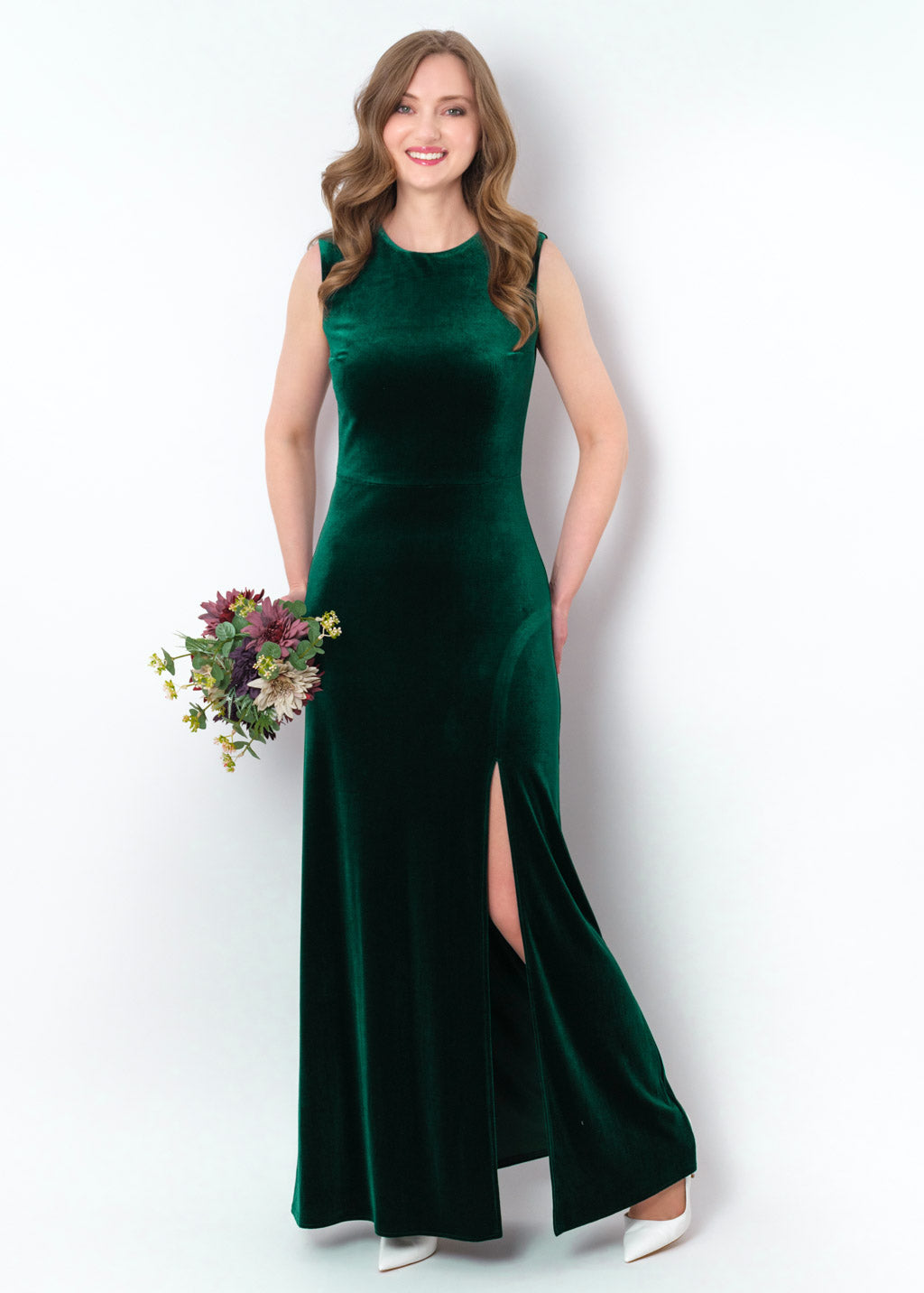 Emerald green velvet slit long pencil dress