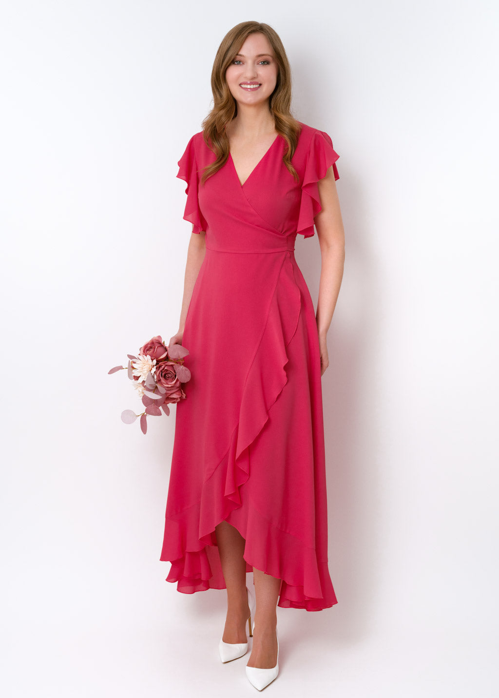 Coral pink chiffon wrap dress