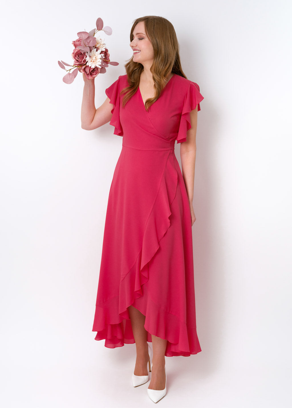 Coral pink chiffon wrap dress