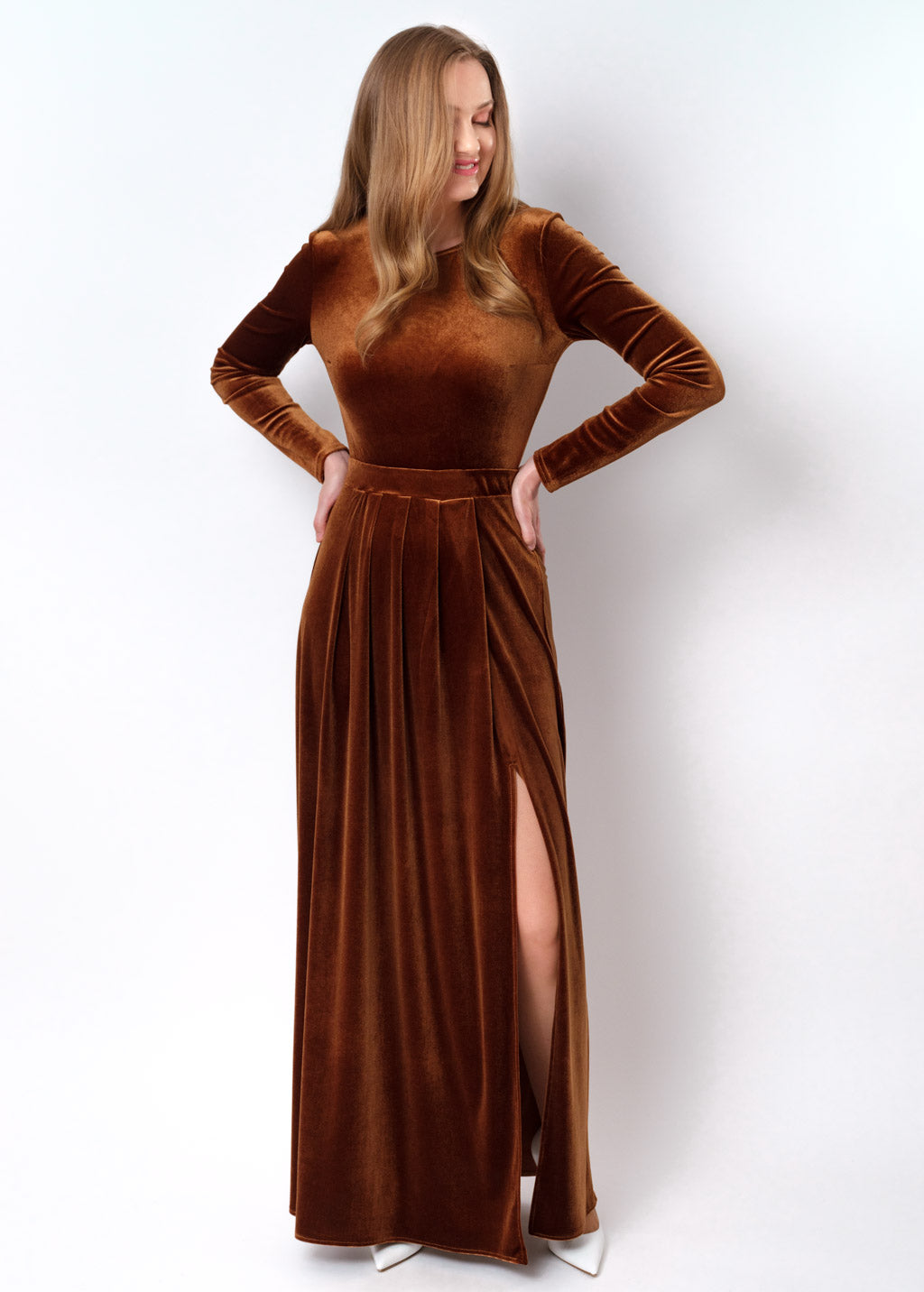 Rust gold velvet slit dress